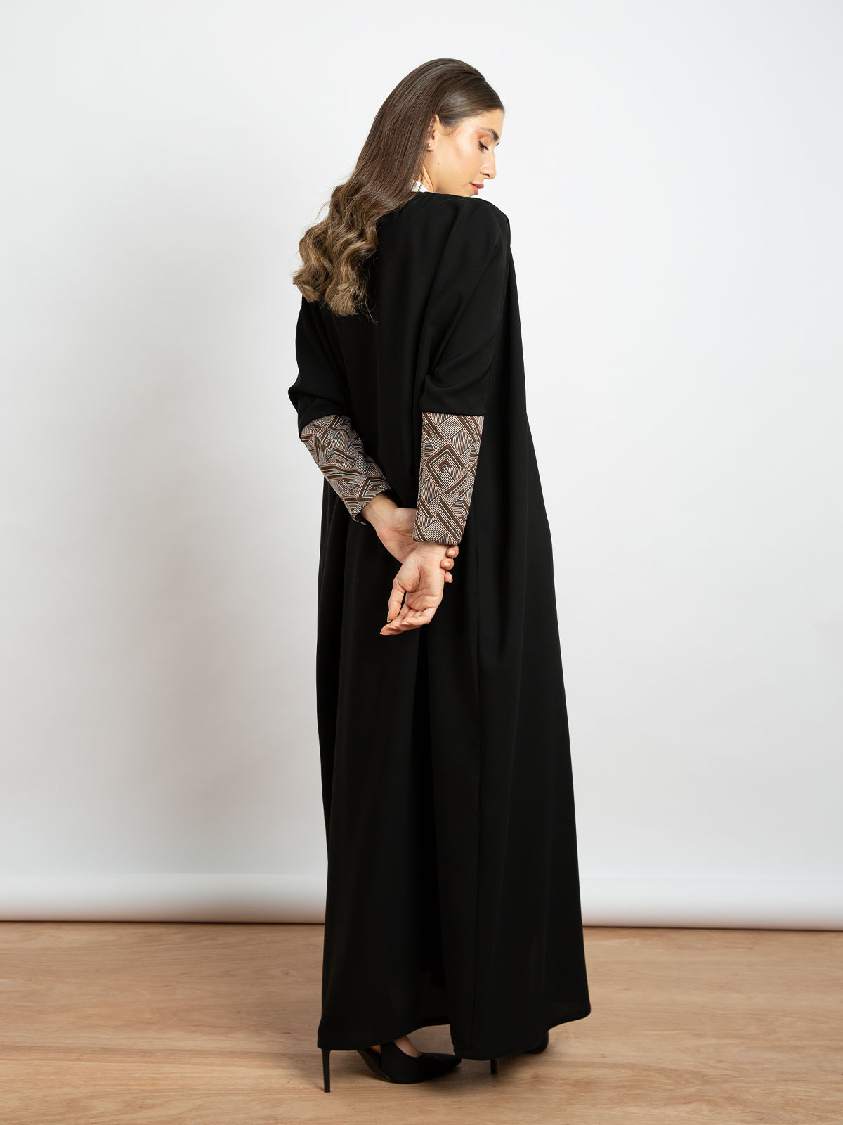 Black with Brown - Half Bisht Long Open Abaya with Geometric Art Piece on the Sleeves