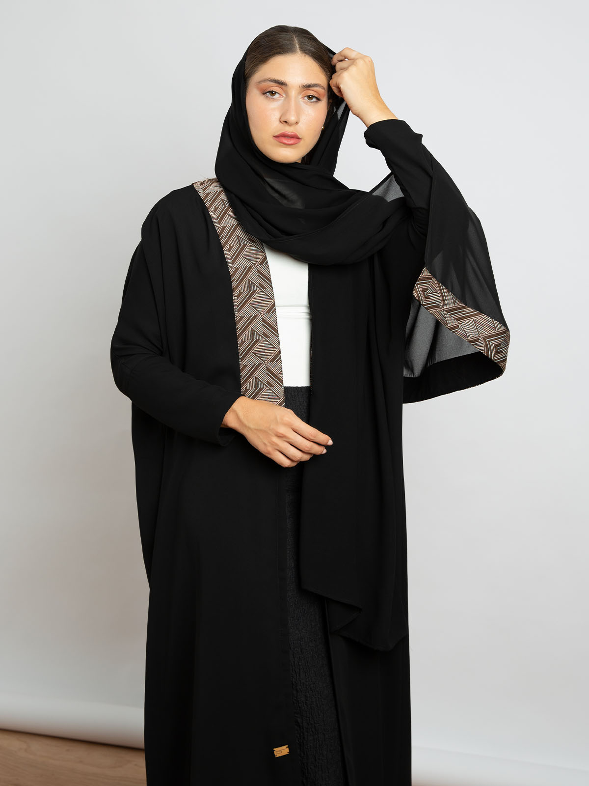 Kaafmeem women clothing regular fit black light half bisht long open fancy abaya with art piece in practical fabric