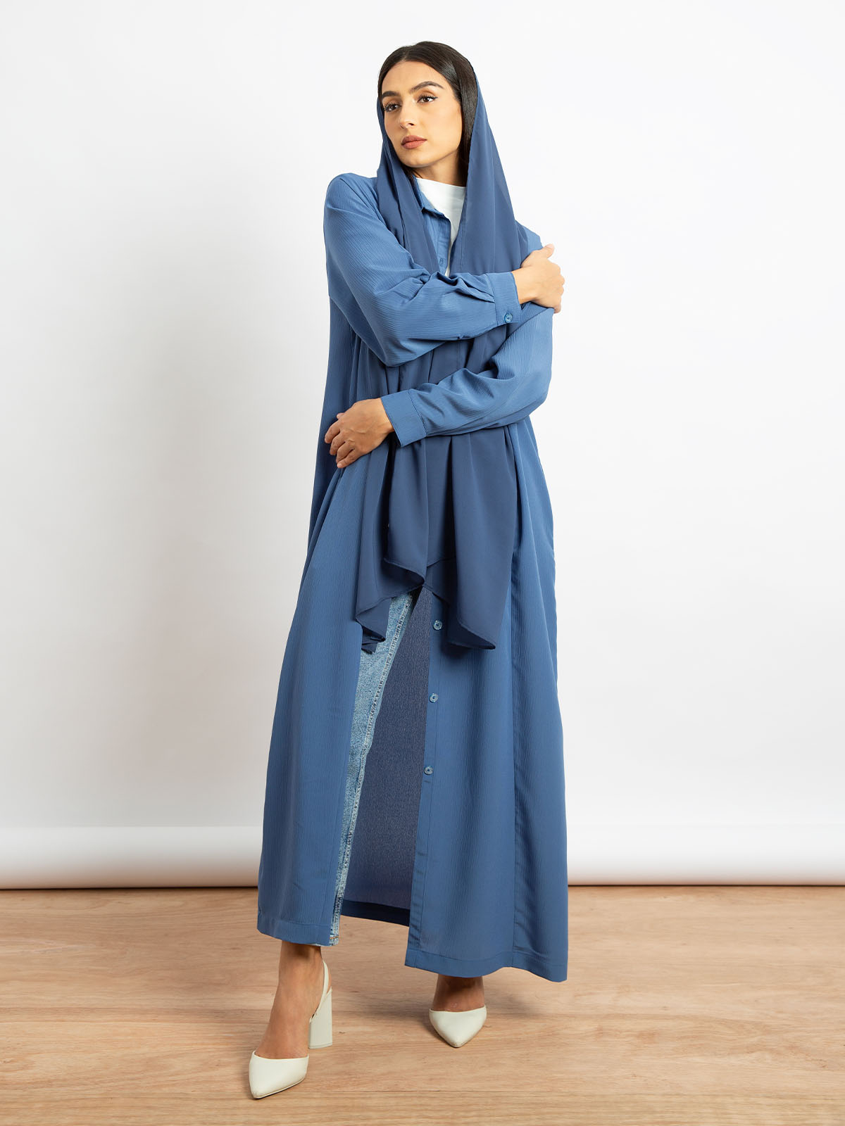 Kaafmeem women clothing regular fit blue color long shirt abaya in fancy yoryu fabric with hidden pockets