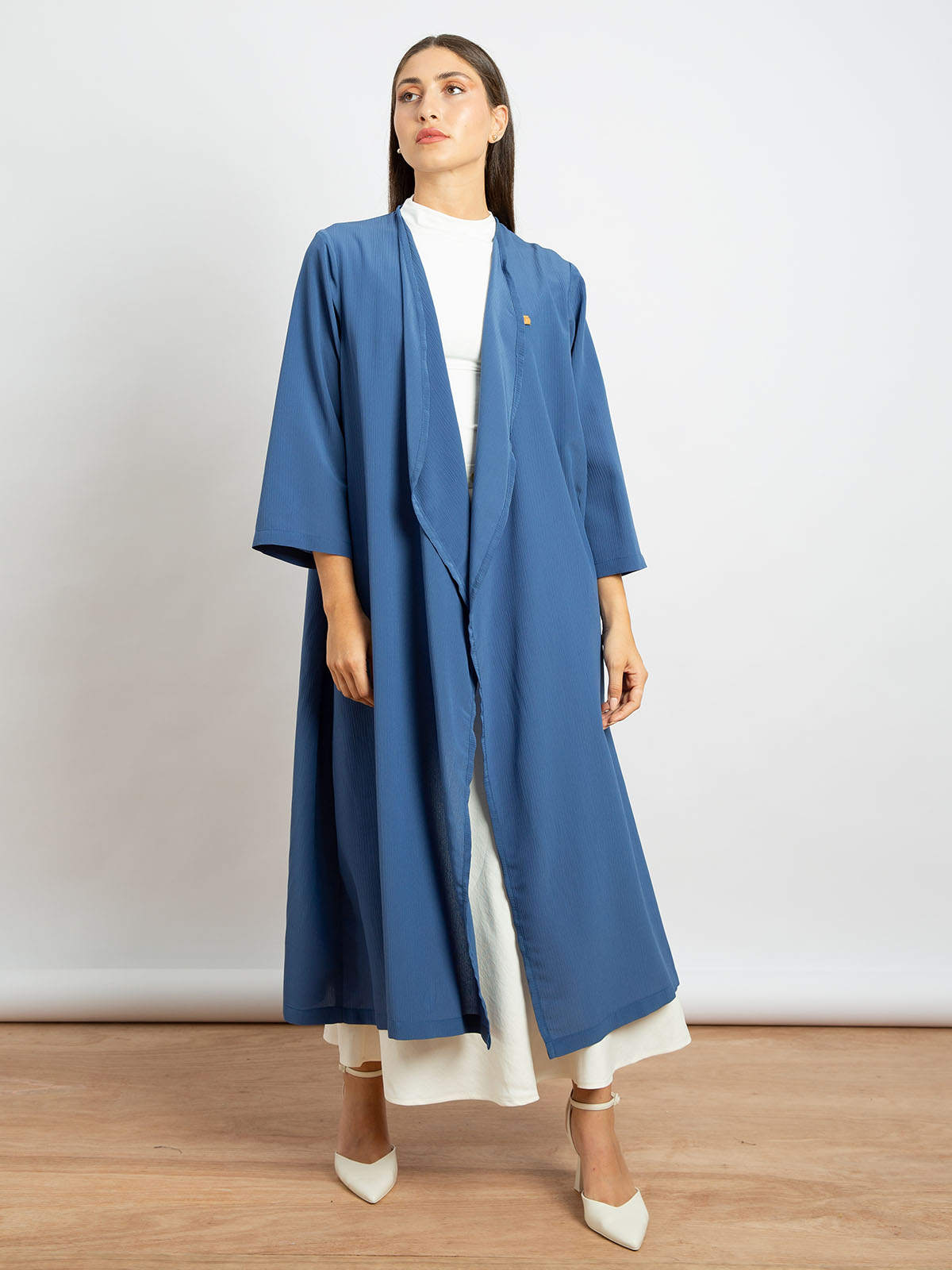 Kaafmeem women clothing regular fit plain blue color open midi abaya in fancy yoryu fabric