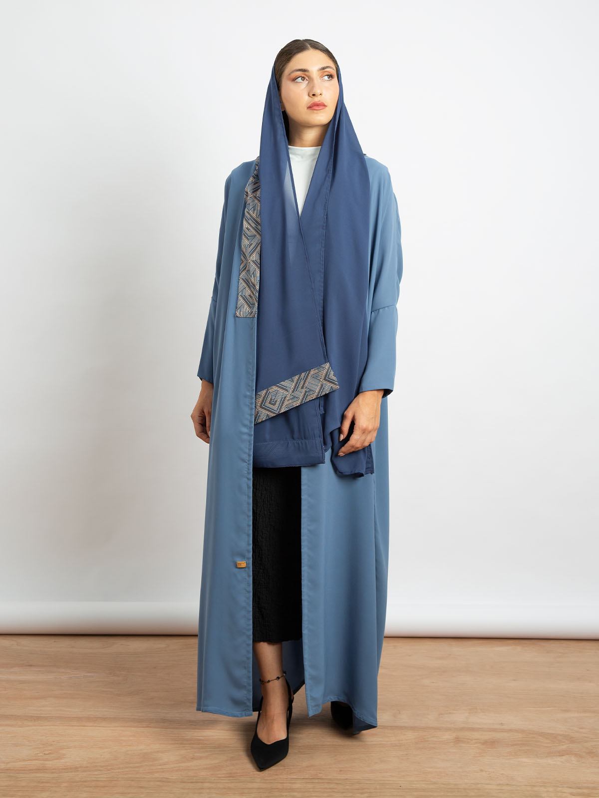 Blue with Blue - Light Half Bisht Long Open Abaya with Geometric Art Piece