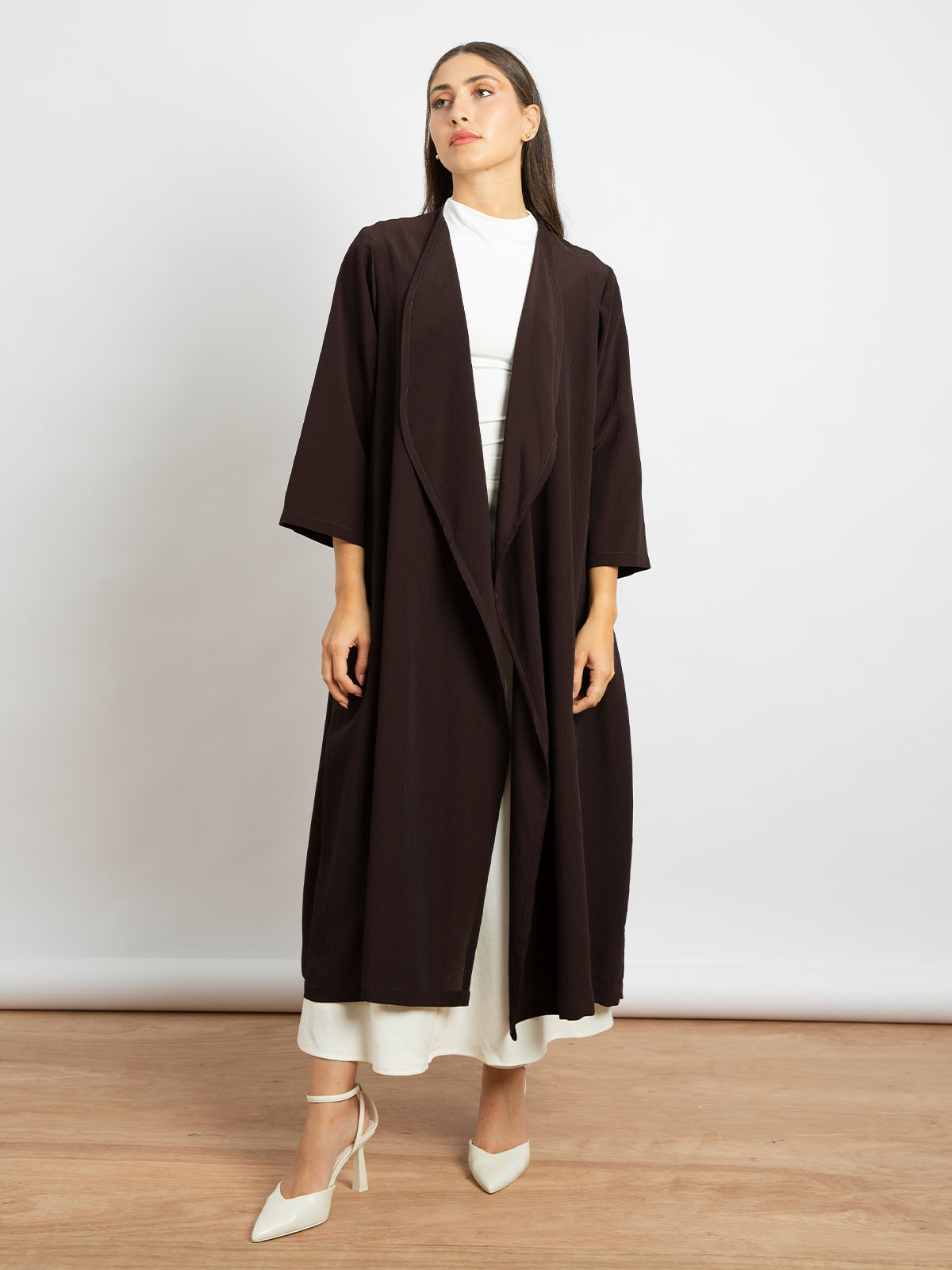 Kaafmeem women clothing regular fit plain brown color open midi abaya in fancy yoryu fabric
