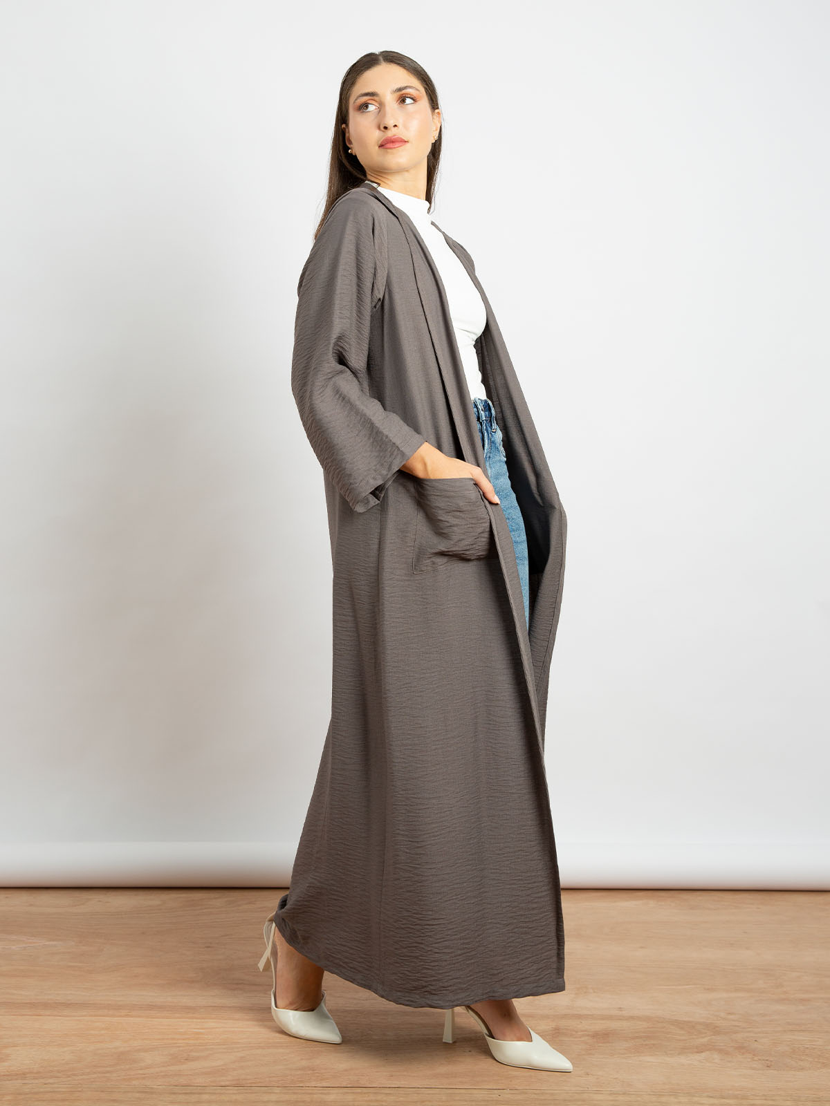 Brown - Long Open Regular-fit Abaya in Linen-feel Crepe with Hoodie