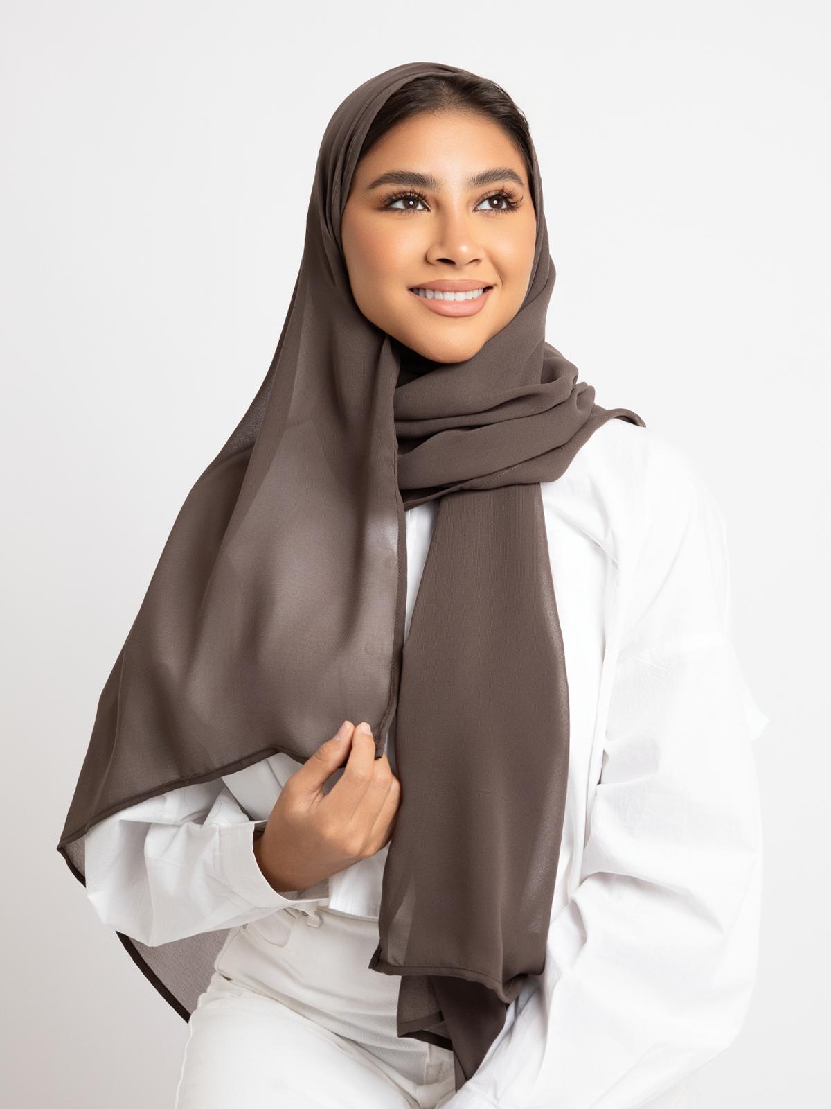 Luxurious chiffon hijab plain tarha 200 cm long brown color high quality material online in ksa by kaafmeem