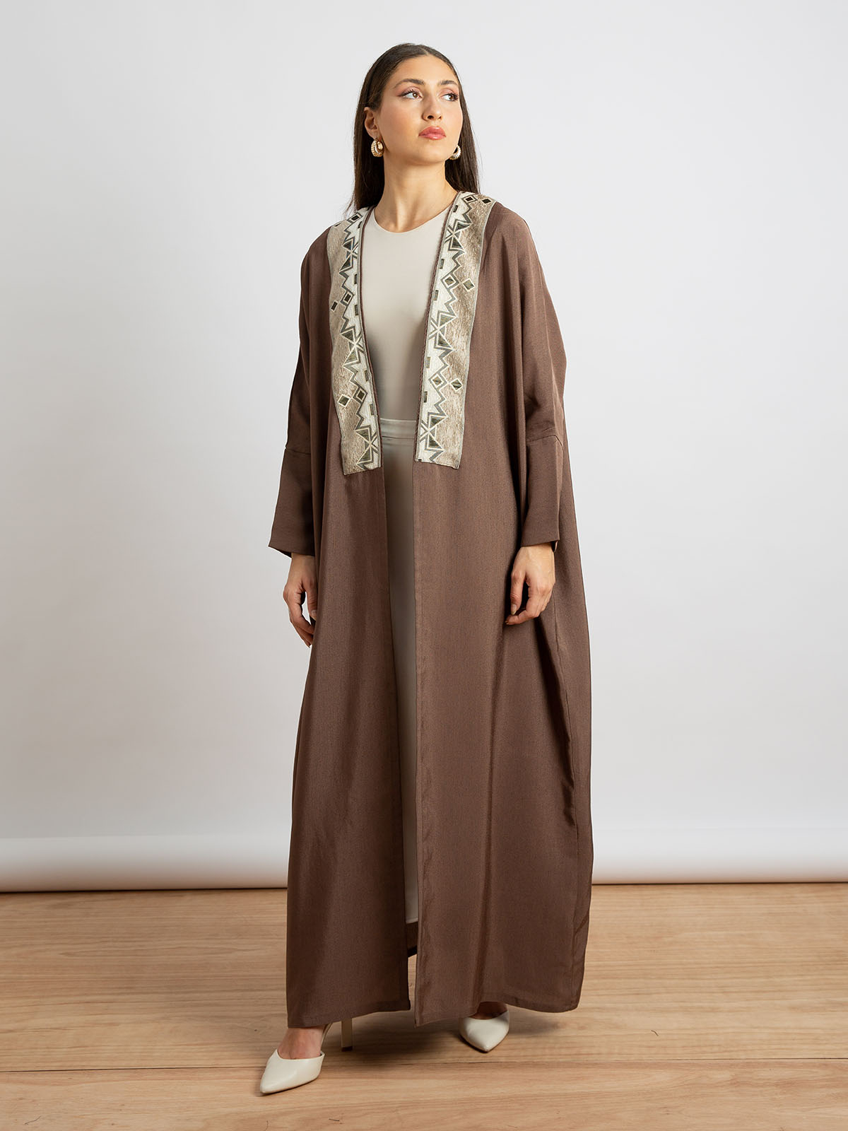 Kaafmeem women clothing wide fit brown half bisht long fancy abaya with geometric embroidery in salona fabric