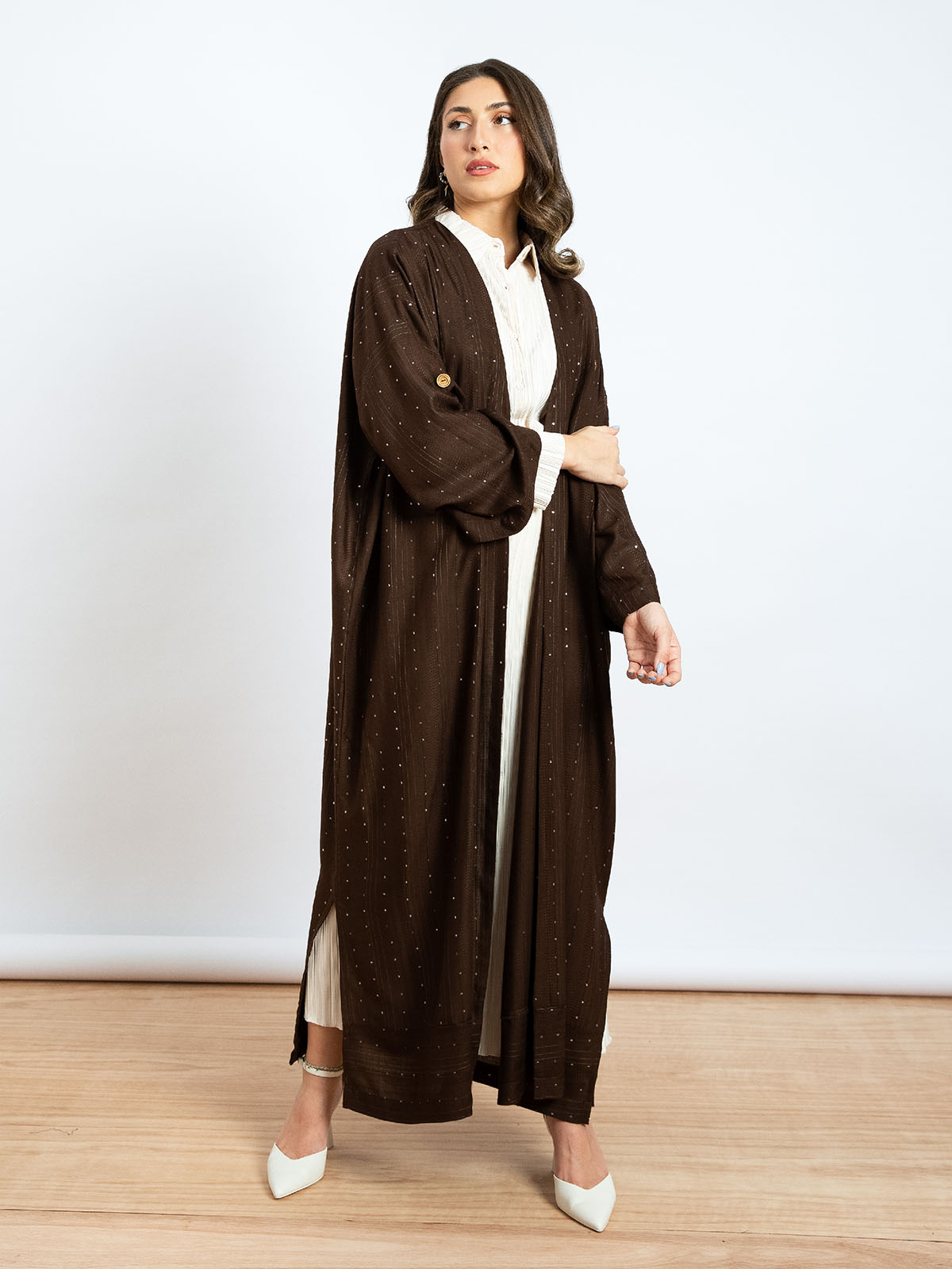 Kaafmeem women clothing wide cut brown color long fancy sequin abaya in lightweight fabric for Ramadan nights