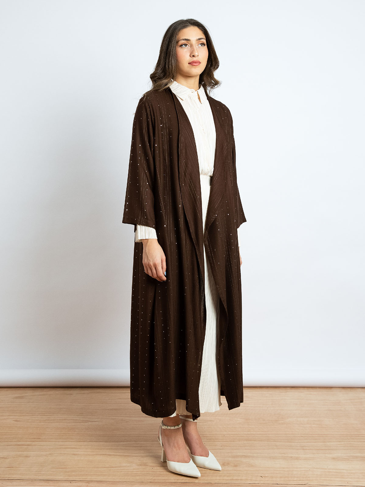 Kaafmeem women clothing regular fit cut brown color midi fancy sequin abaya in lightweight fabric for Ramadan nights