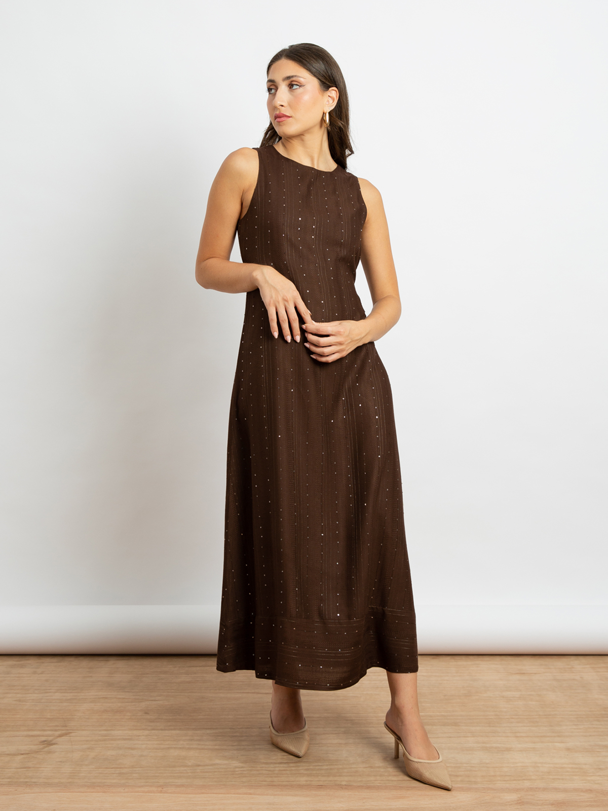 Brown Sequin Stripes - Sleeveless Long Dress with Belt
