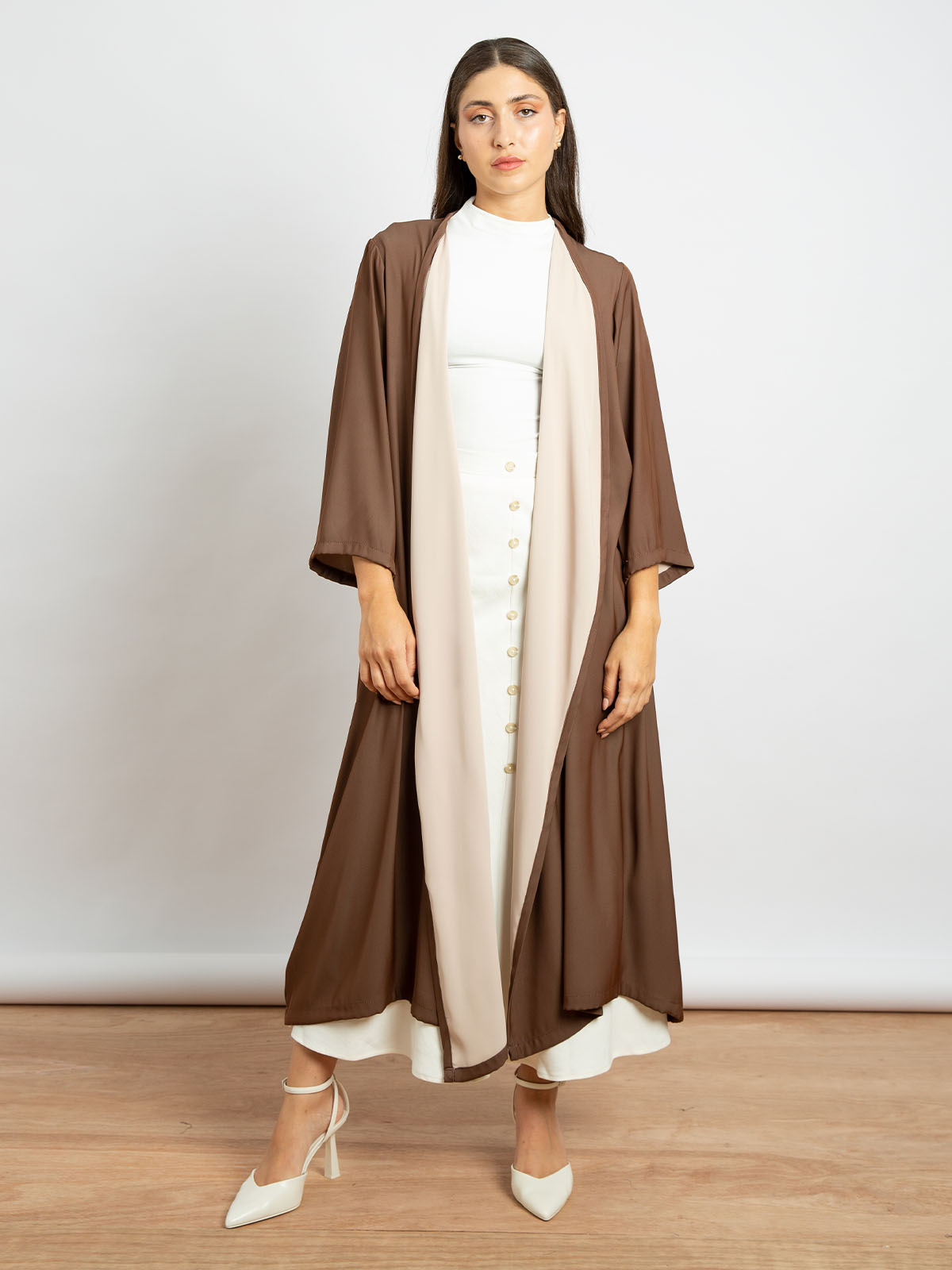 Kaafmeem women clothing regular fit plain brown color open midi abaya in crepe fabric