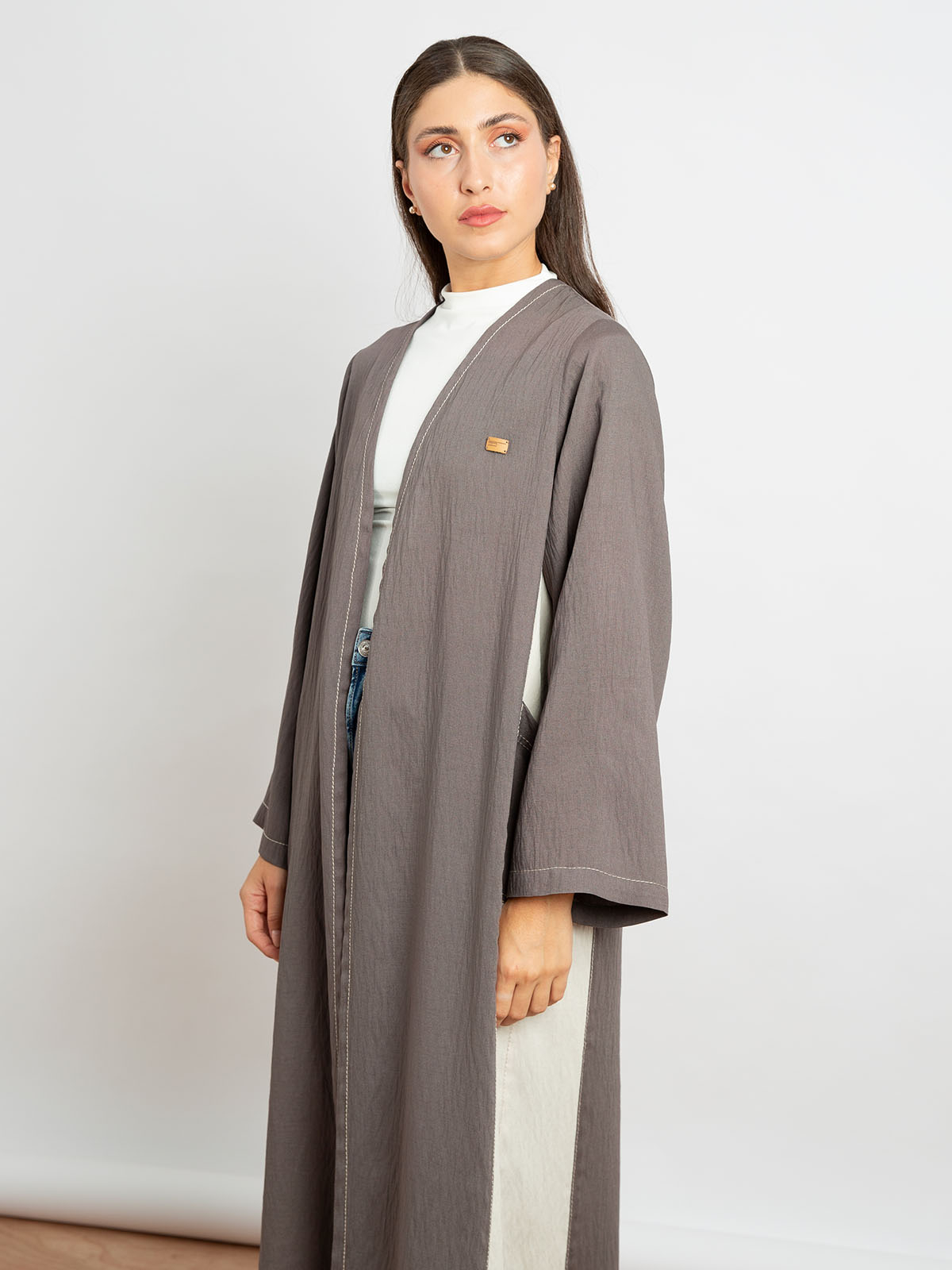 Brown with Beige - Two Colors Long Open Abaya in Linen-feel Crepe with Pockets 