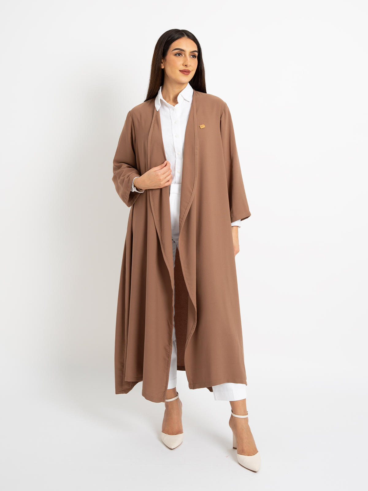 Kaafmeem women clothing regular fit plain brown color midi abaya in crepe fabric 