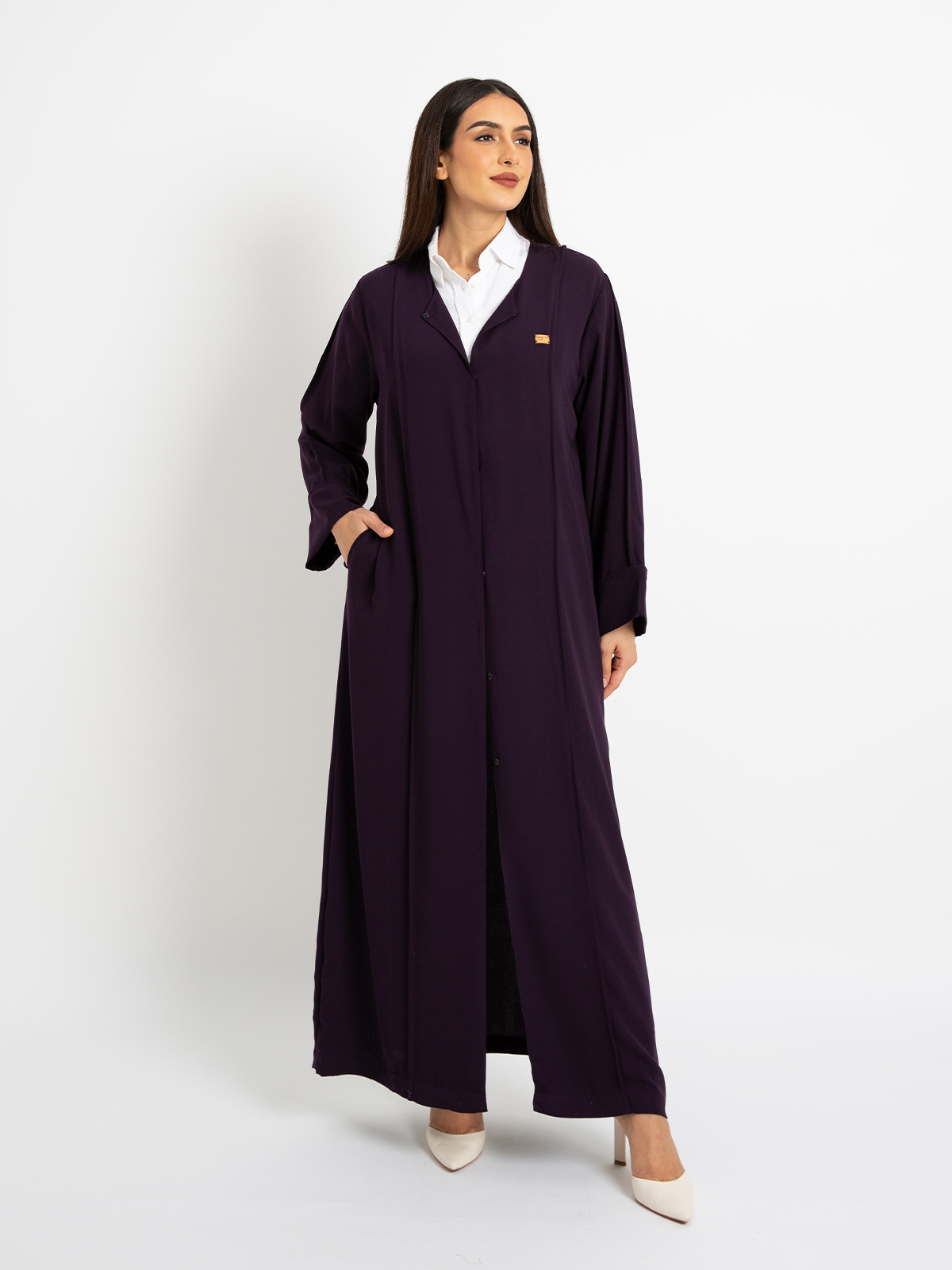 Kaafmeem women clothing regular fit purple color closed practical long abaya in crepe fabric 