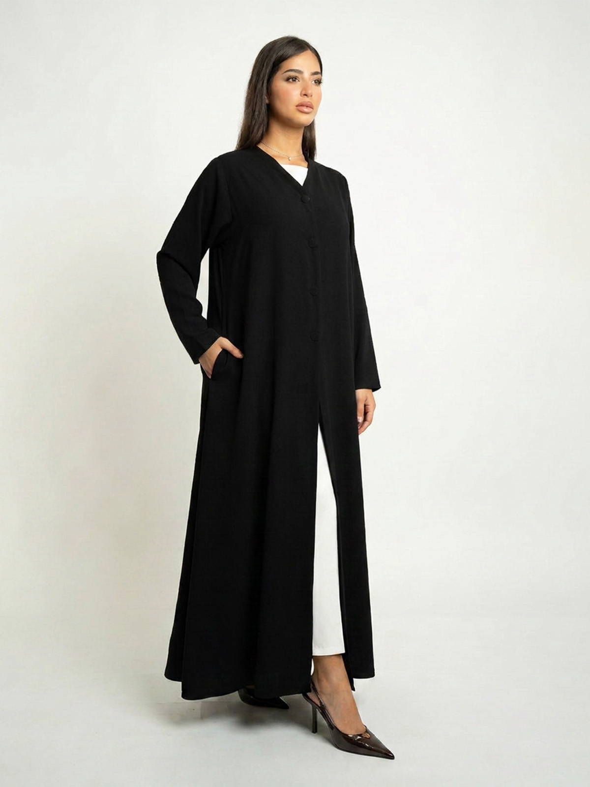 Black Buttoned A-Cut Abaya