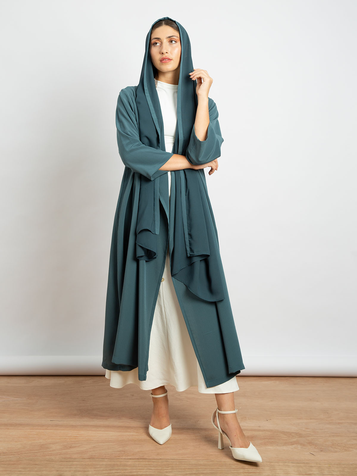 Kaafmeem women clothing regular fit plain green color open midi abaya in fancy yoryu fabric