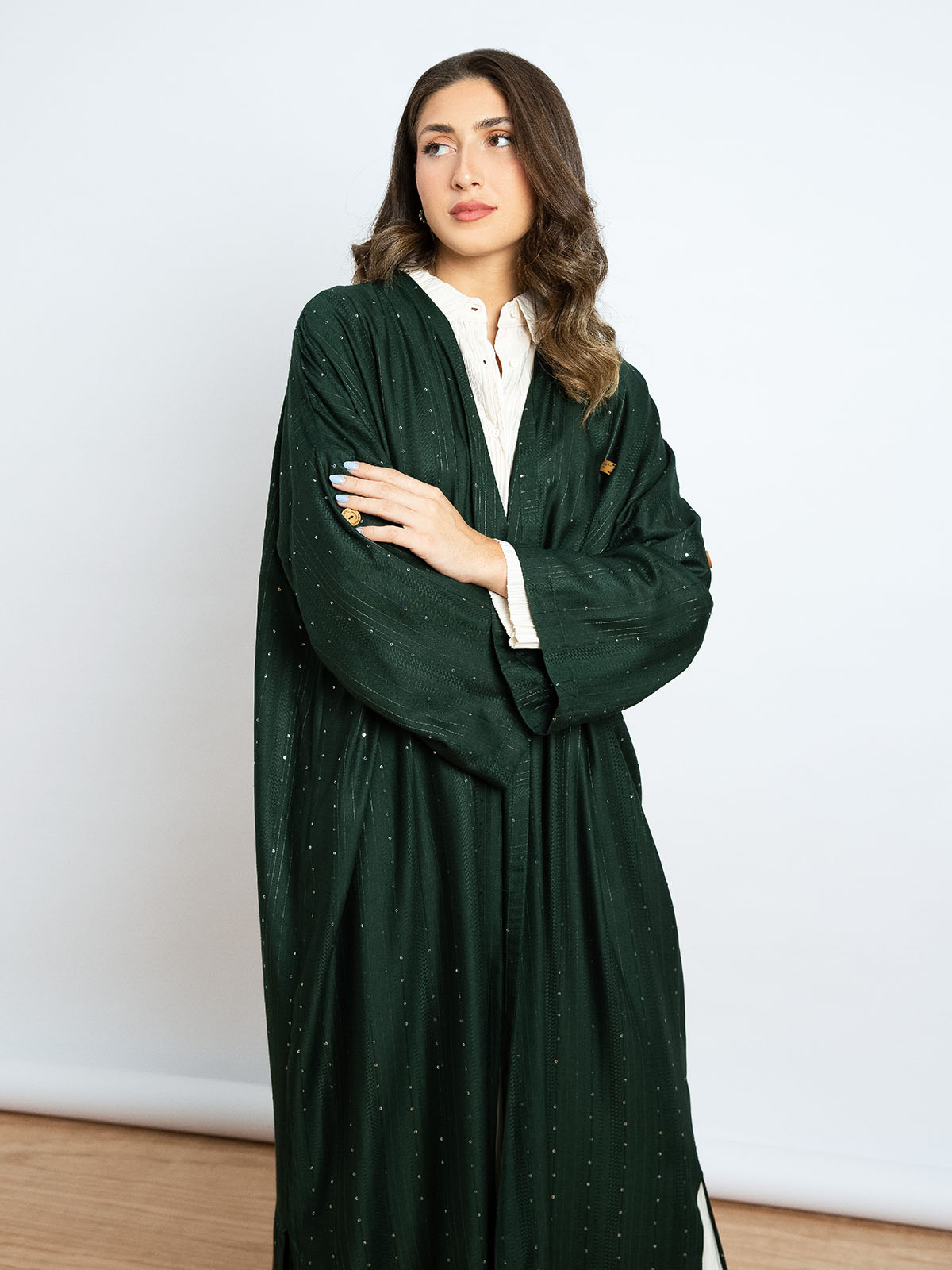 Kaafmeem women clothing wide cut green color long fancy sequin abaya in lightweight fabric for Ramadan nights