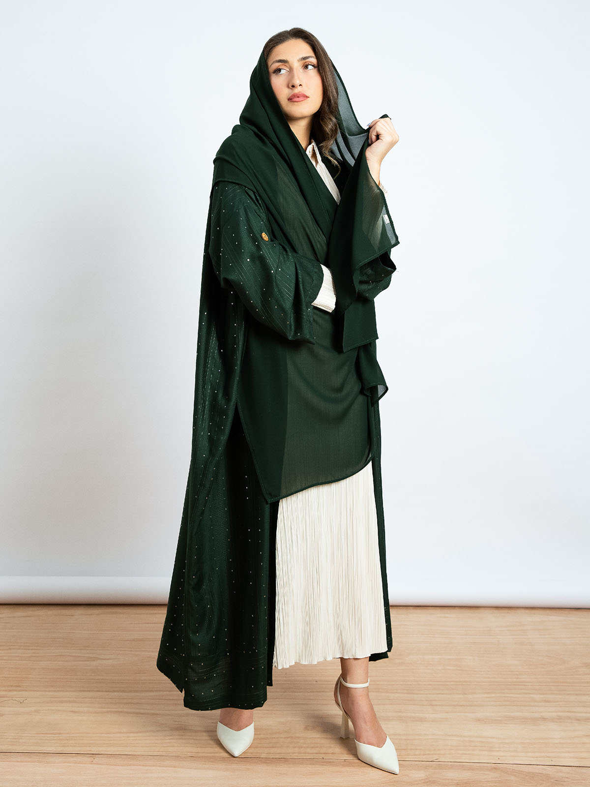 Green long abaya | lightweight fabric abaya