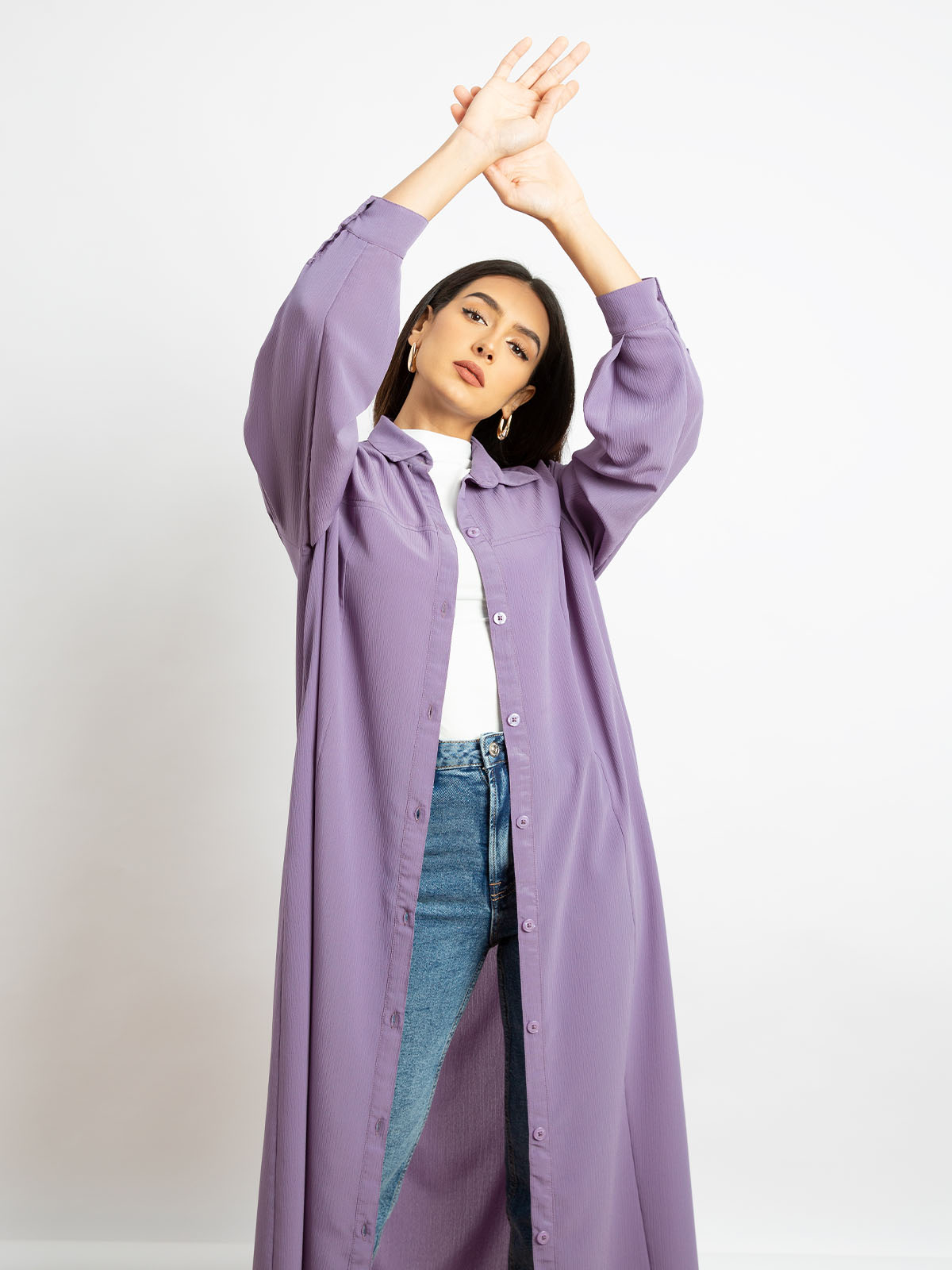 Kaafmeem women clothing regular fit lavender color long shirt abaya in fancy yoryu fabric with hidden pockets