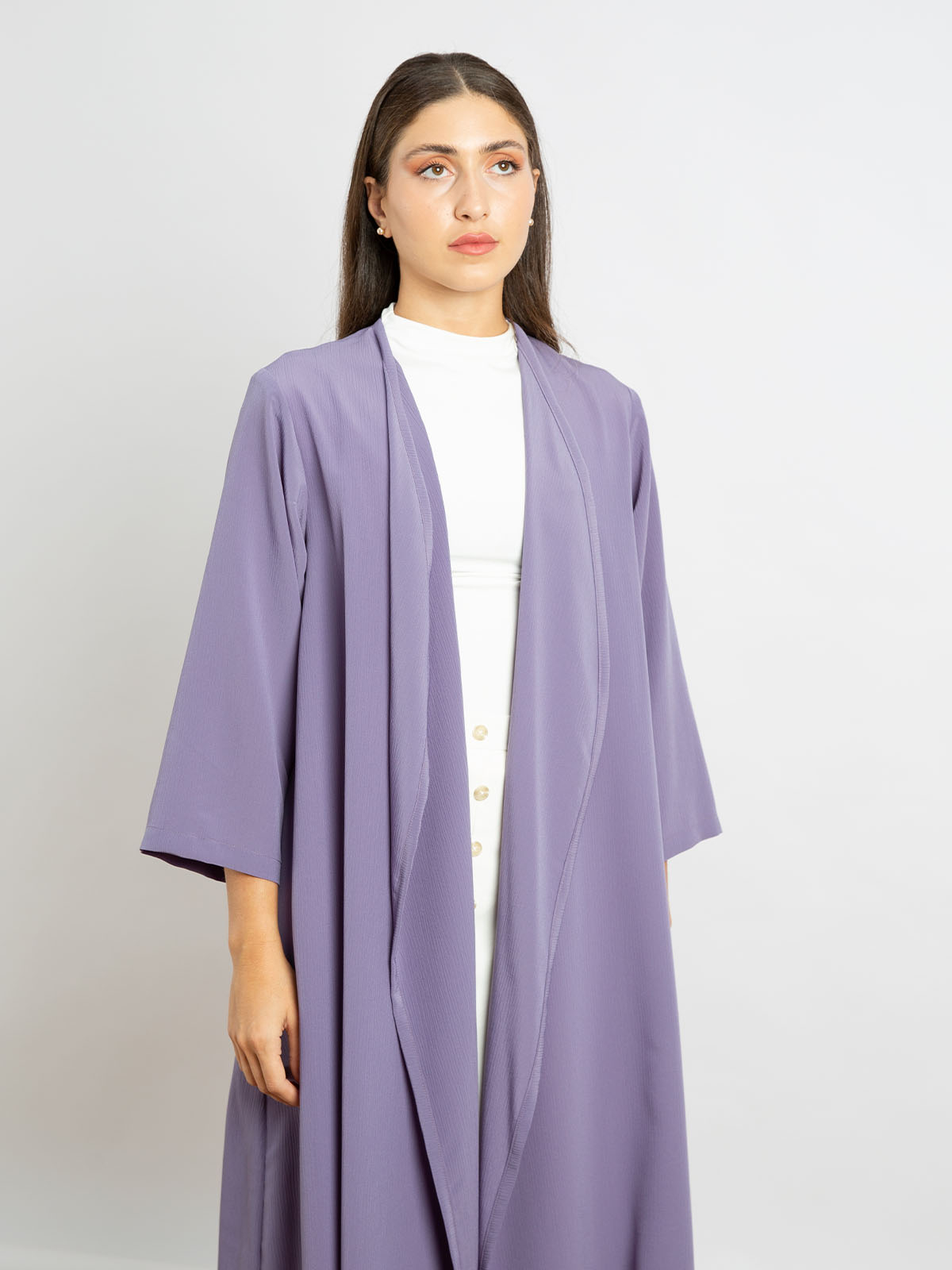 Kaafmeem women clothing regular fit plain lavender color open midi abaya in fancy yoryu fabric