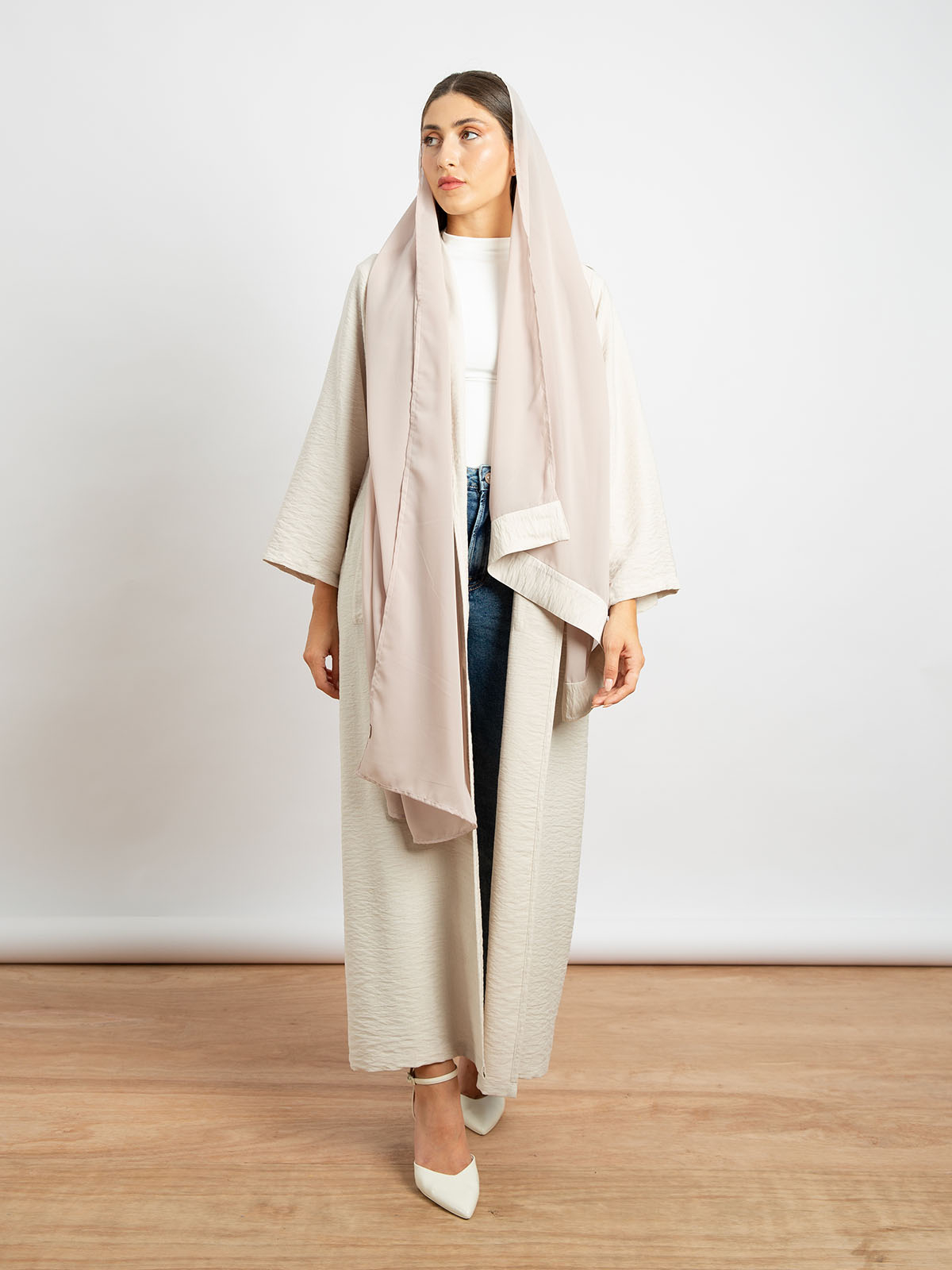 Light Beige - Long Open Regular-fit Abaya in Linen-feel Crepe with Hoodie