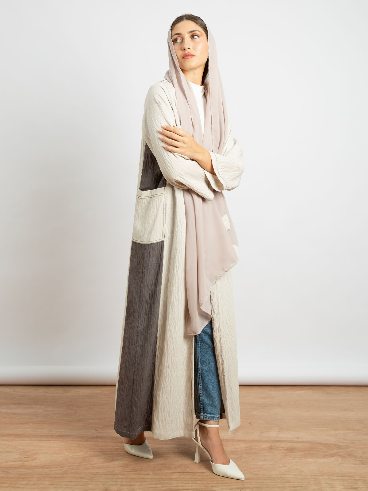Light Beige with Brown - Two Colors Long Open Abaya in Linen-feel Crepe with Pockets 