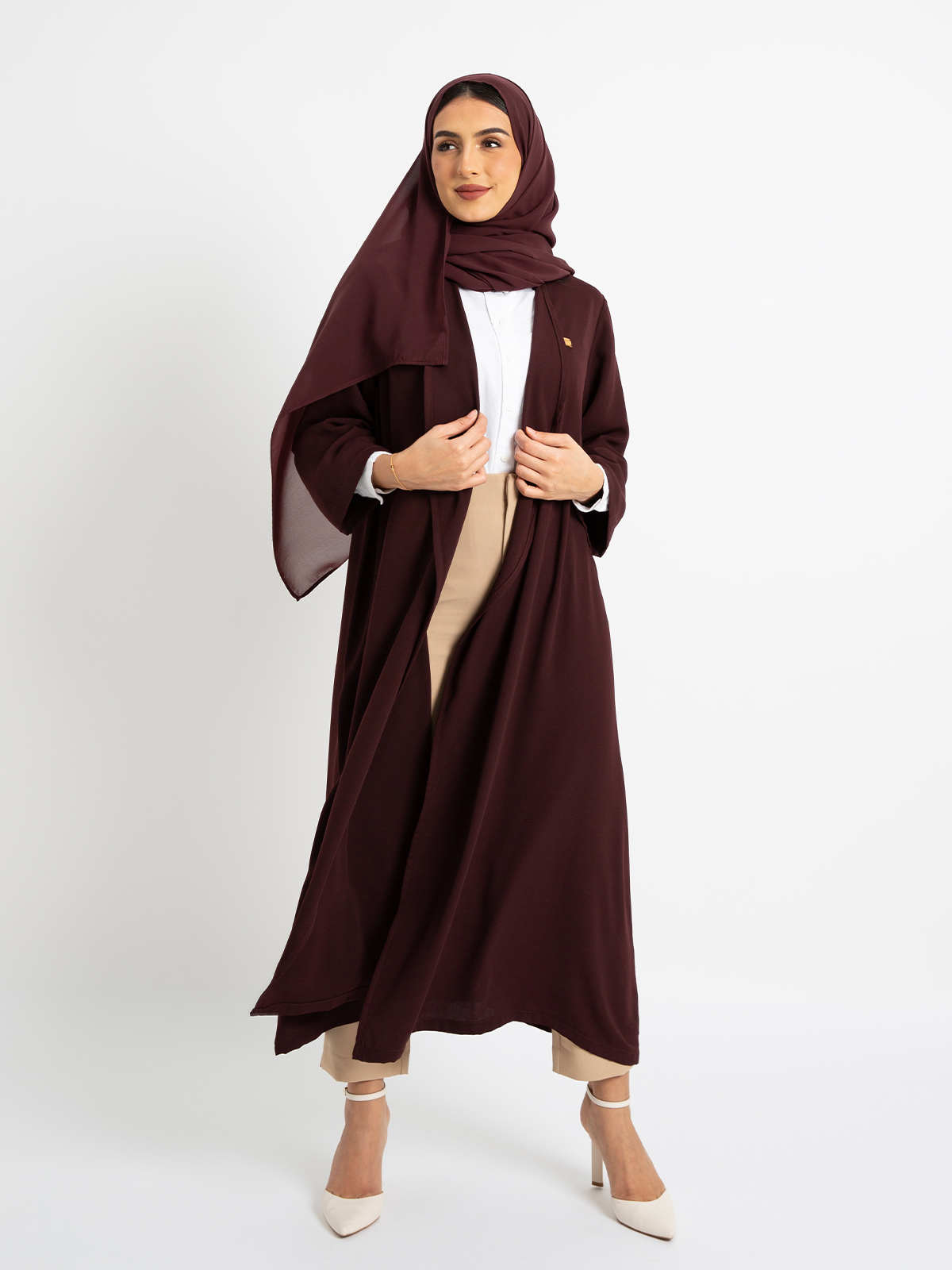 Kaafmeem women clothing regular fit plain red color midi abaya in crepe fabric 