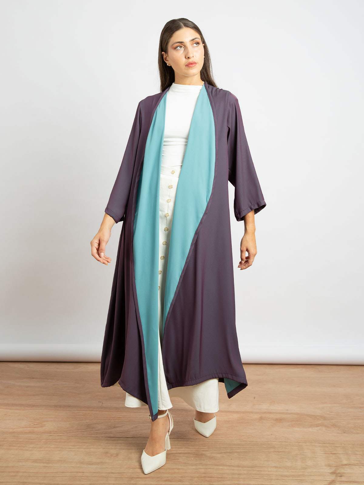 Kaafmeem women clothing regular fit plain mauve color open midi abaya in crepe fabric