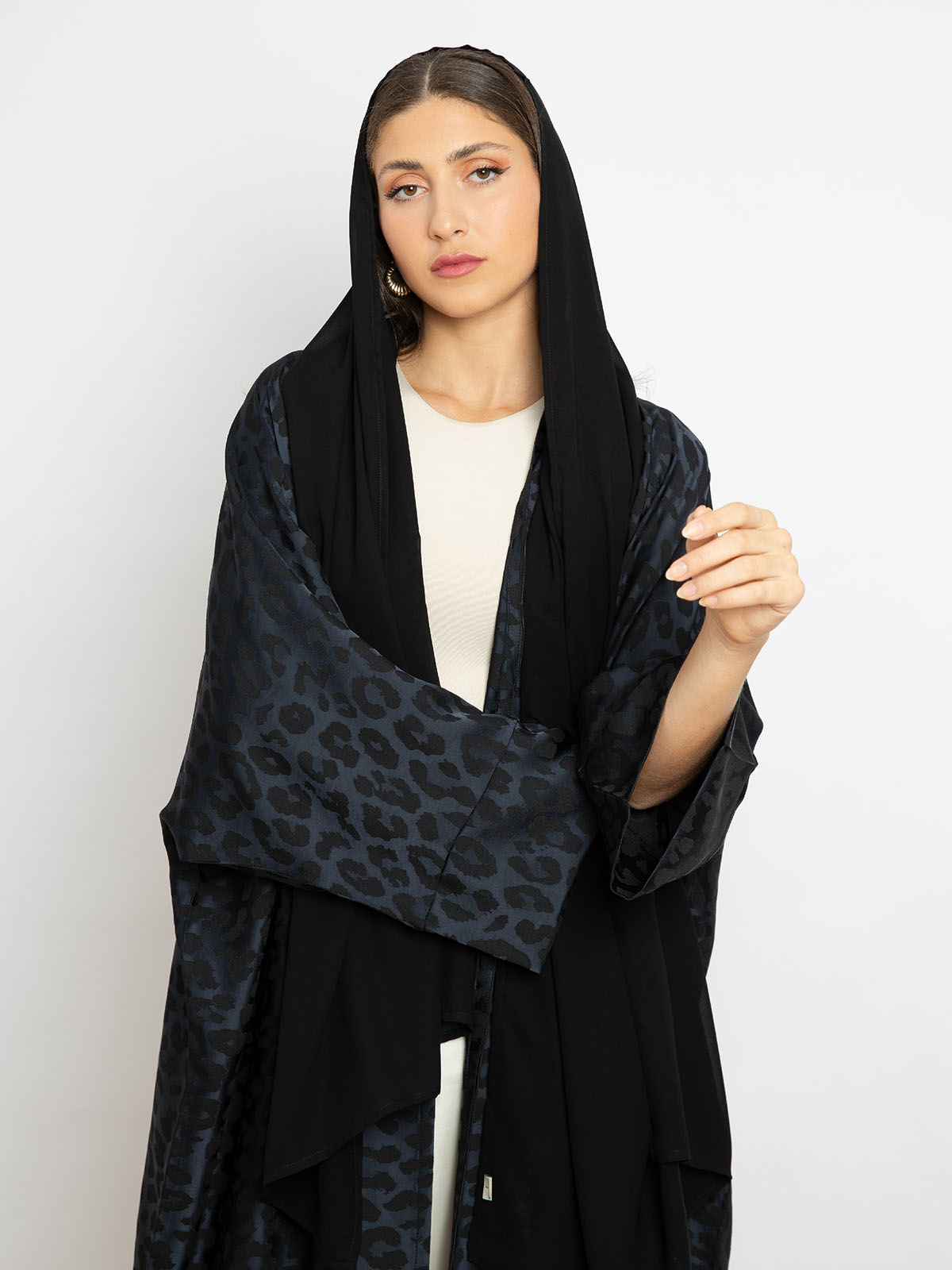Kaafmeem women clothing wide fit navy color long fancy open abaya with cheetah print in satin feel fabric
