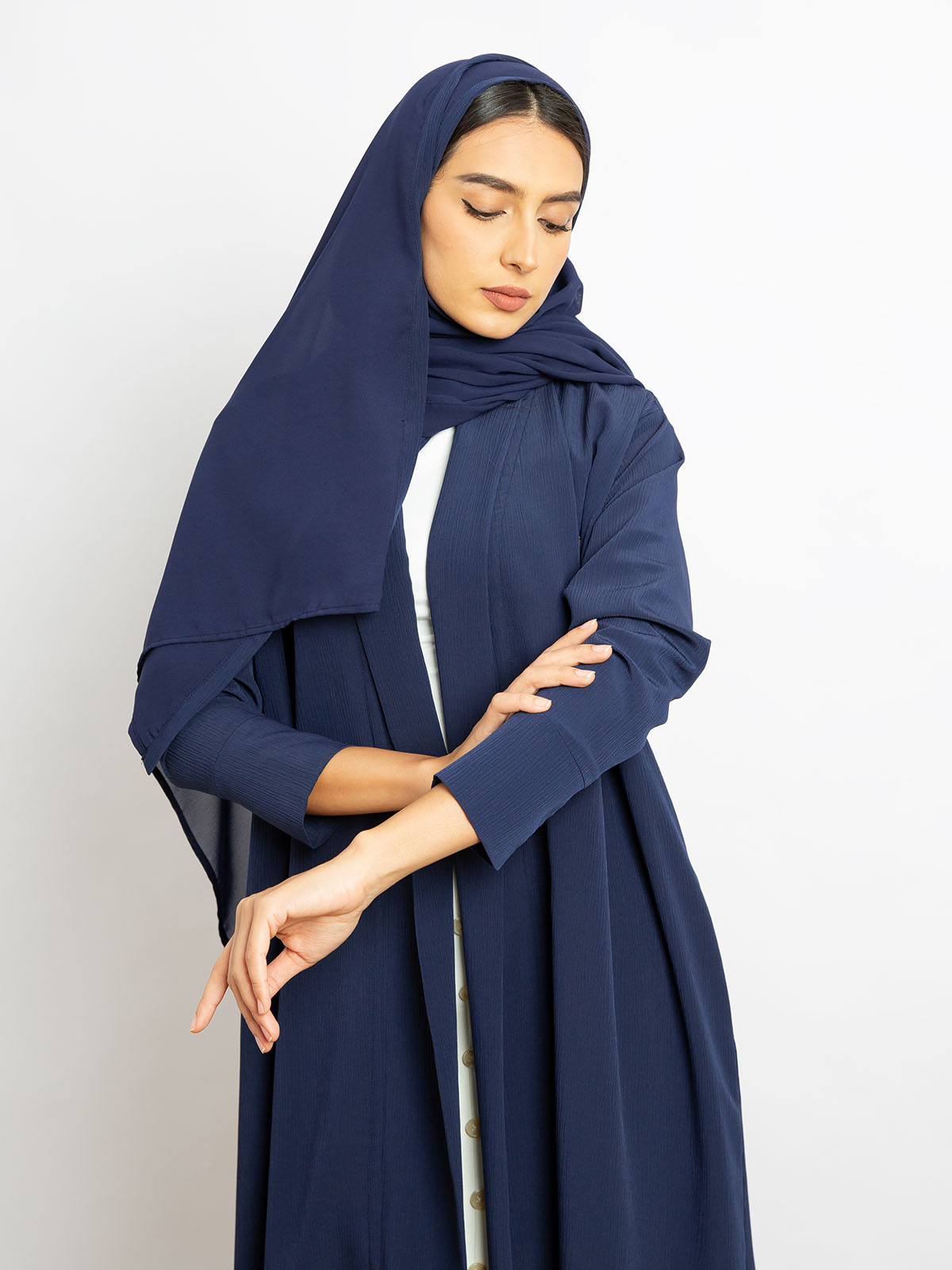 Kaafmeem women clothing regular fit navy color long open abaya in fancy yoryu fabric with hidden pockets