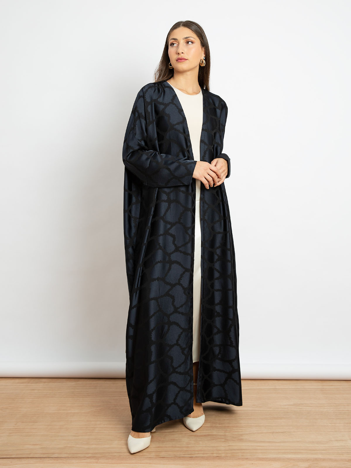 Kaafmeem women clothing wide fit navy half bisht long fancy abaya with giraffe print in satin feel fabric