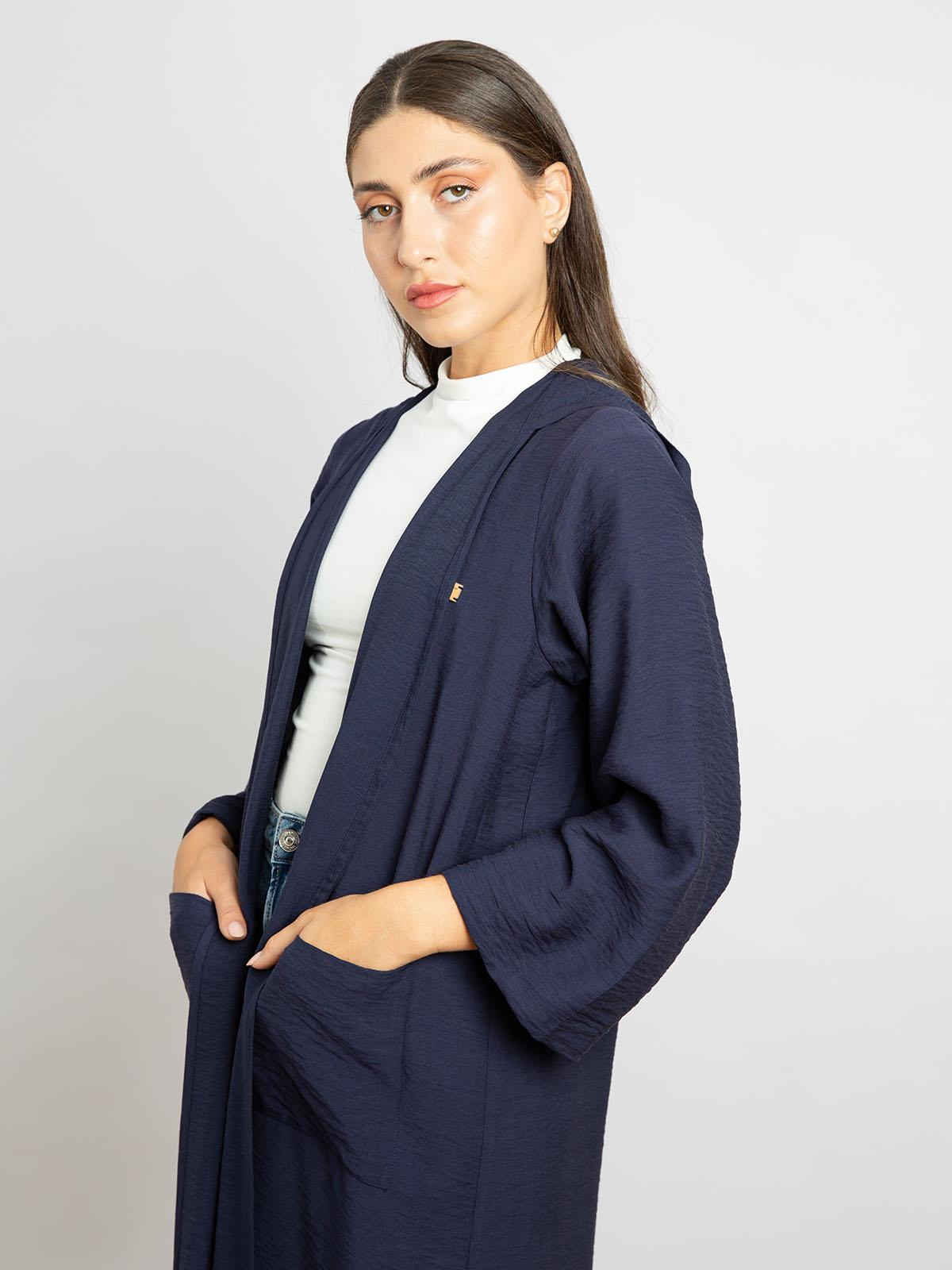 Navy - Long Open Regular-fit Abaya in Linen-feel Crepe with Hoodie