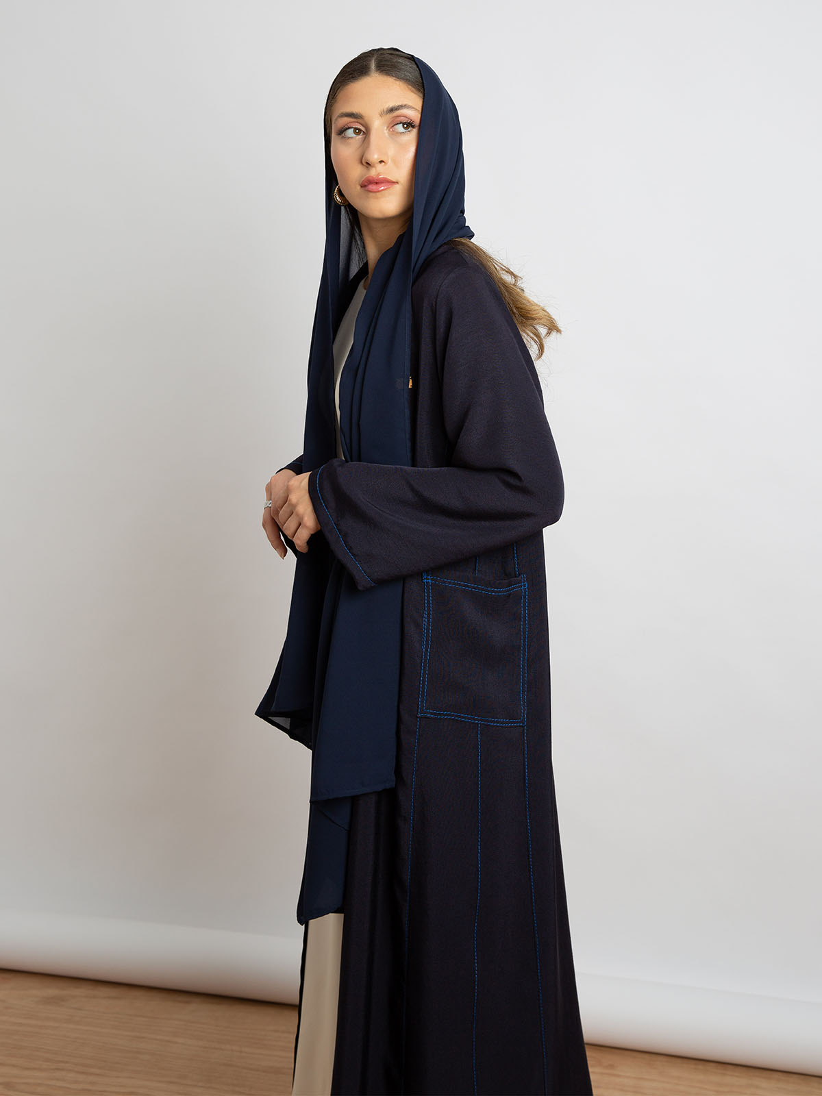 Kaafmeem women clothing regular fit navy long practical salona abstract daily abaya with two pockets in lightweight fabric