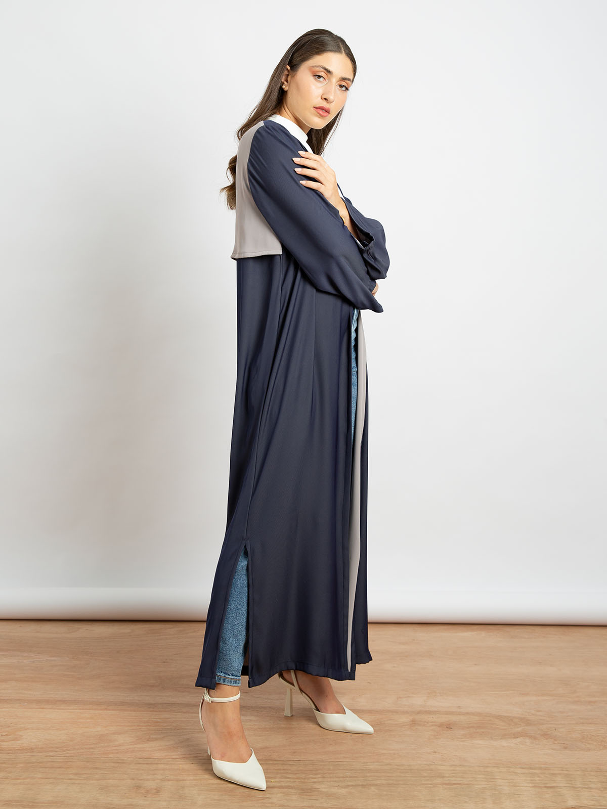 Navy with Beige - Crepe Casual Regular-fit Long Open Abaya with Yoke 
