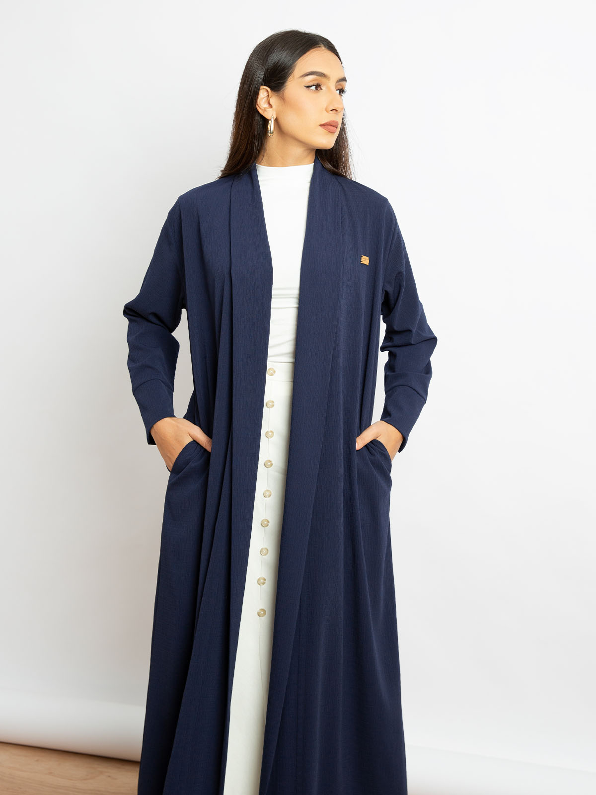 Kaafmeem women clothing regular fit navy color long open abaya in yoryu fabric with hidden pockets