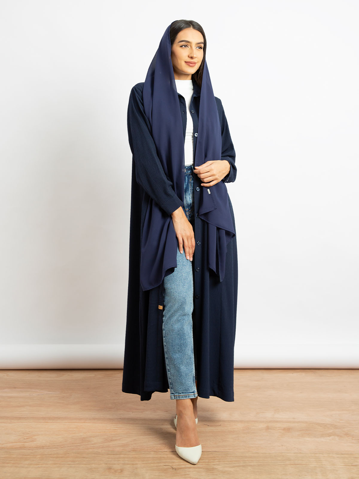 Kaafmeem women clothing regular fit navy color long shirt abaya in yoryu fabric with hidden pockets