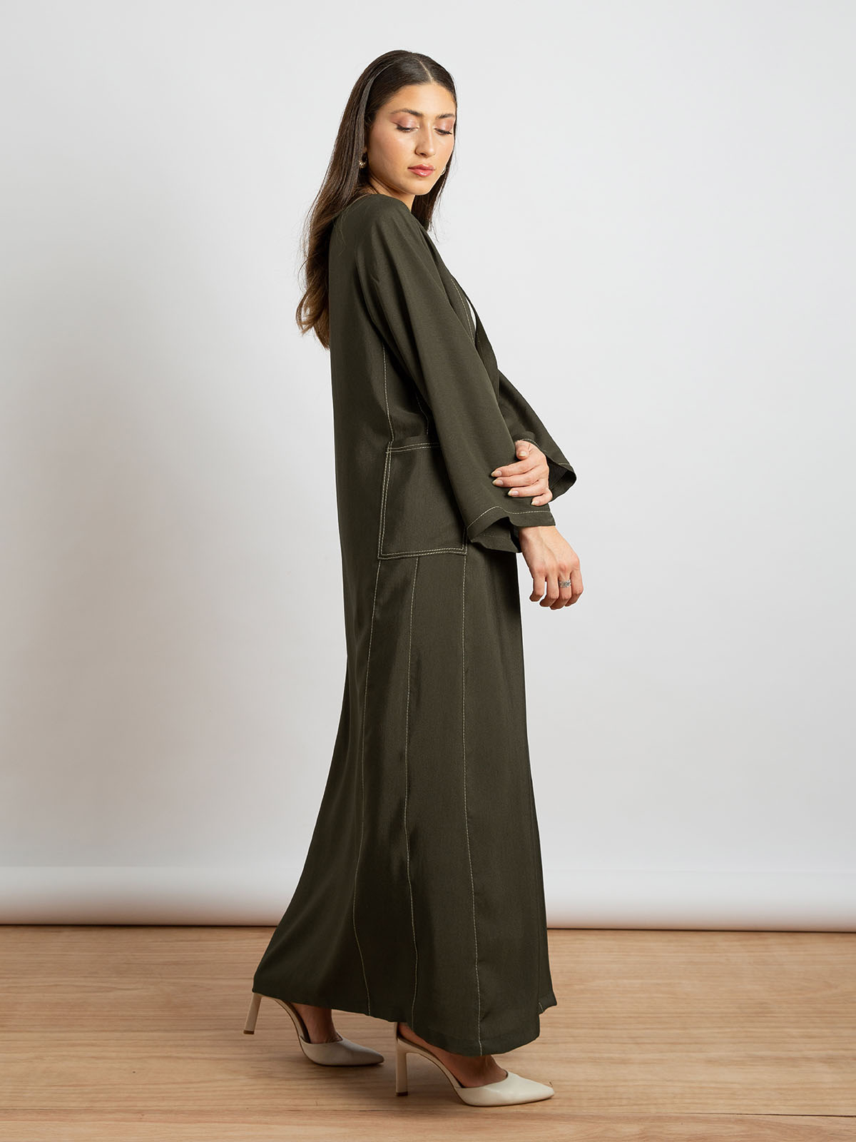 Kaafmeem women clothing regular fit olive long practical salona abstract daily abaya with two pockets in lightweight fabric