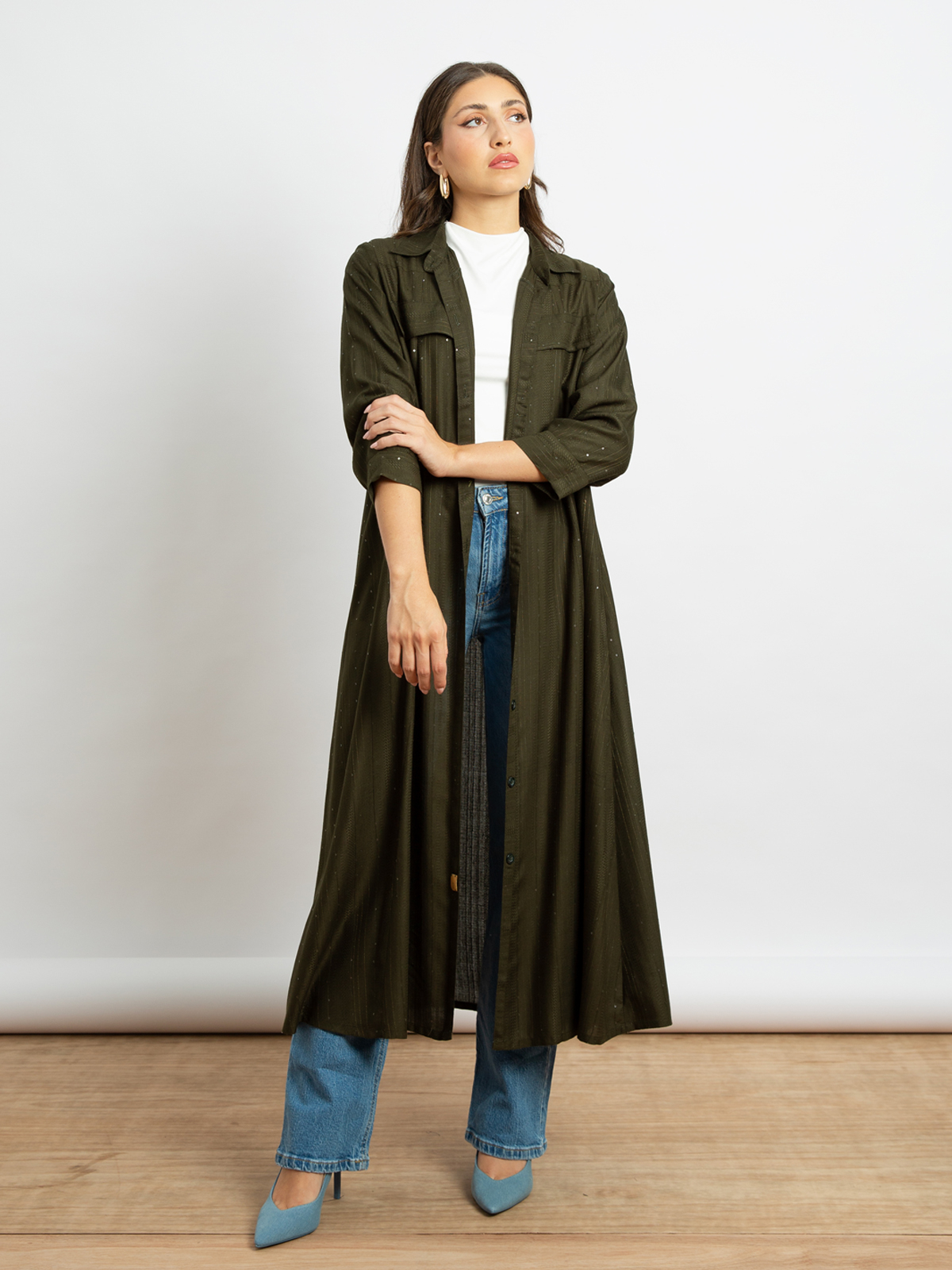 Olive Sequin Stripes - Midi Shirt-Abaya