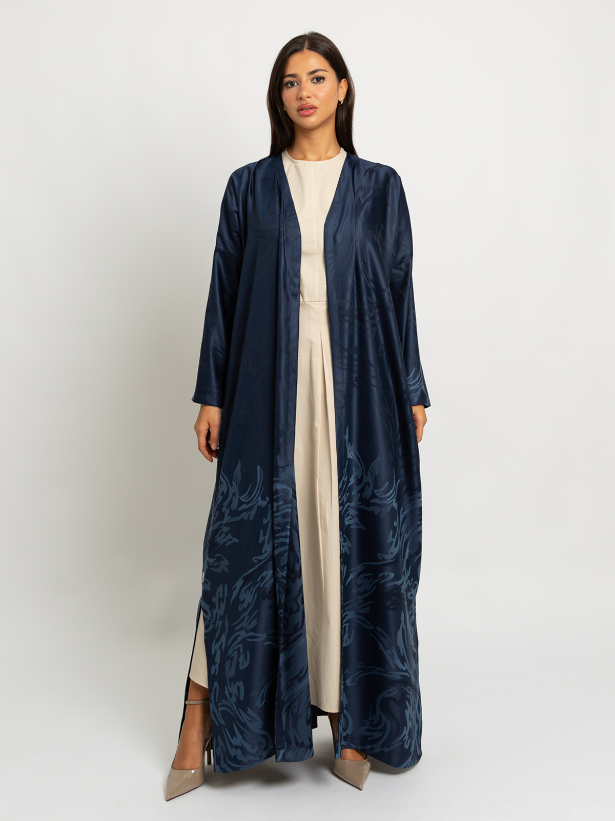Navy Swirly Blooms Wide-fit Tight Sleeves Abaya