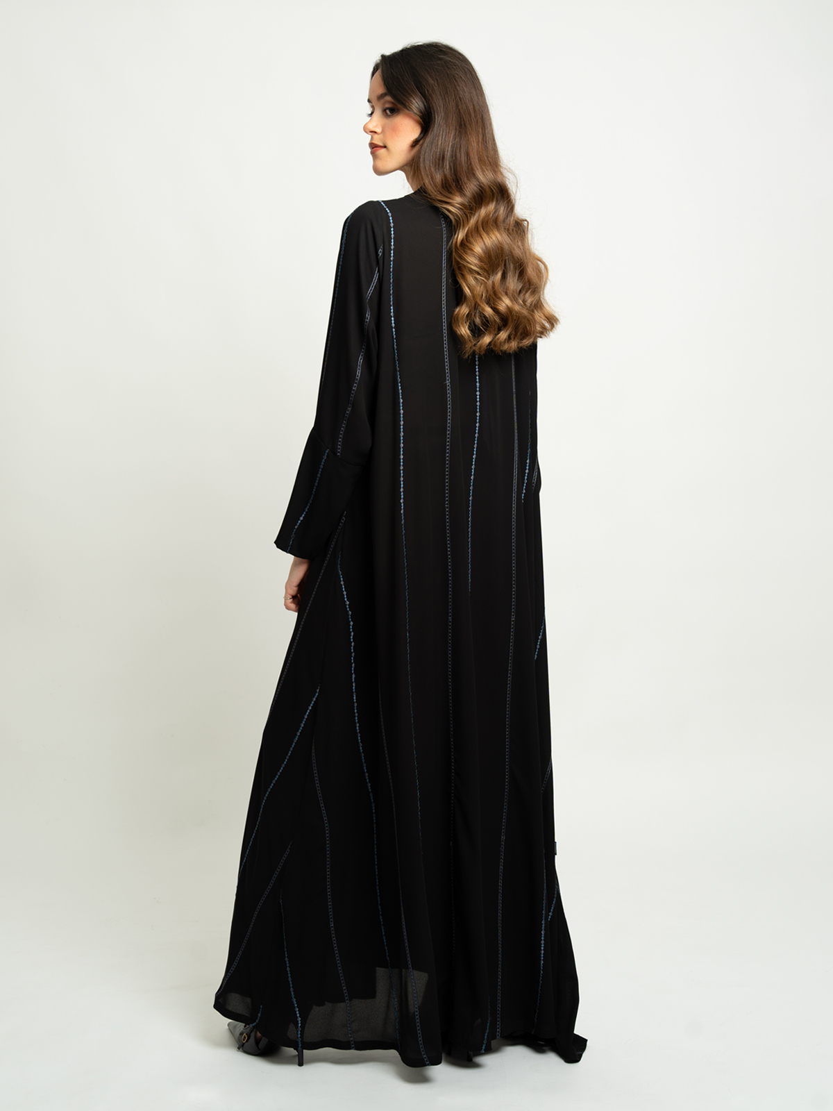 Black with Blue Embroidery Lines A-Cut Abaya