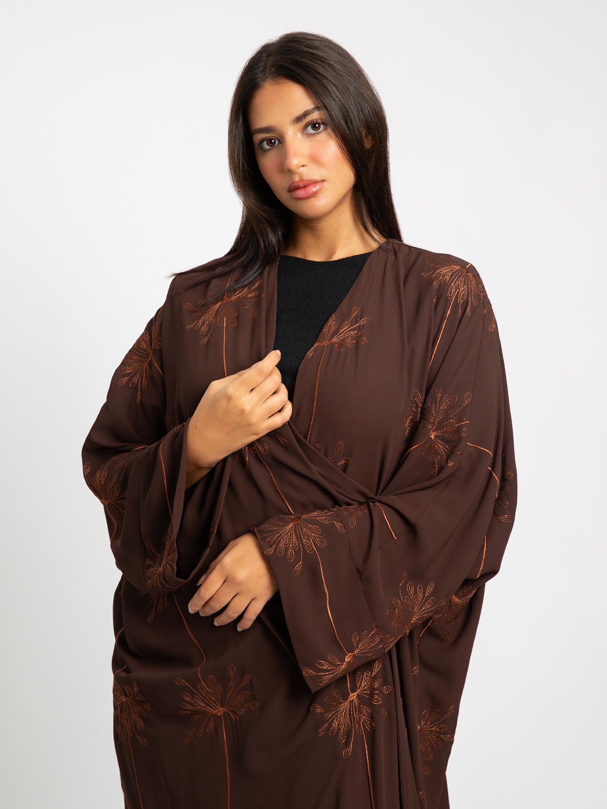 Brown Flower Splash Wide-fit Abaya