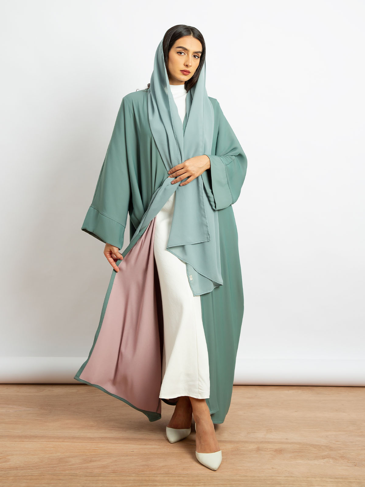  Pistachio with Pink - Crepe Wide-Fit Open Abaya