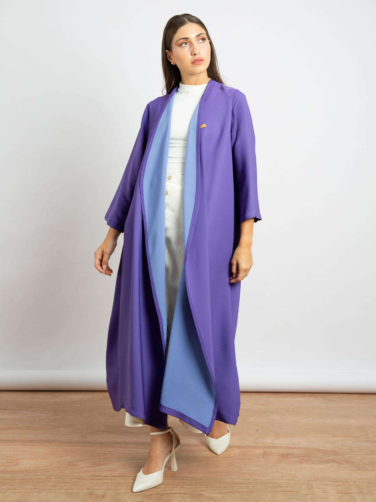 Kaafmeem women clothing regular fit plain purple color open midi abaya in crepe fabric