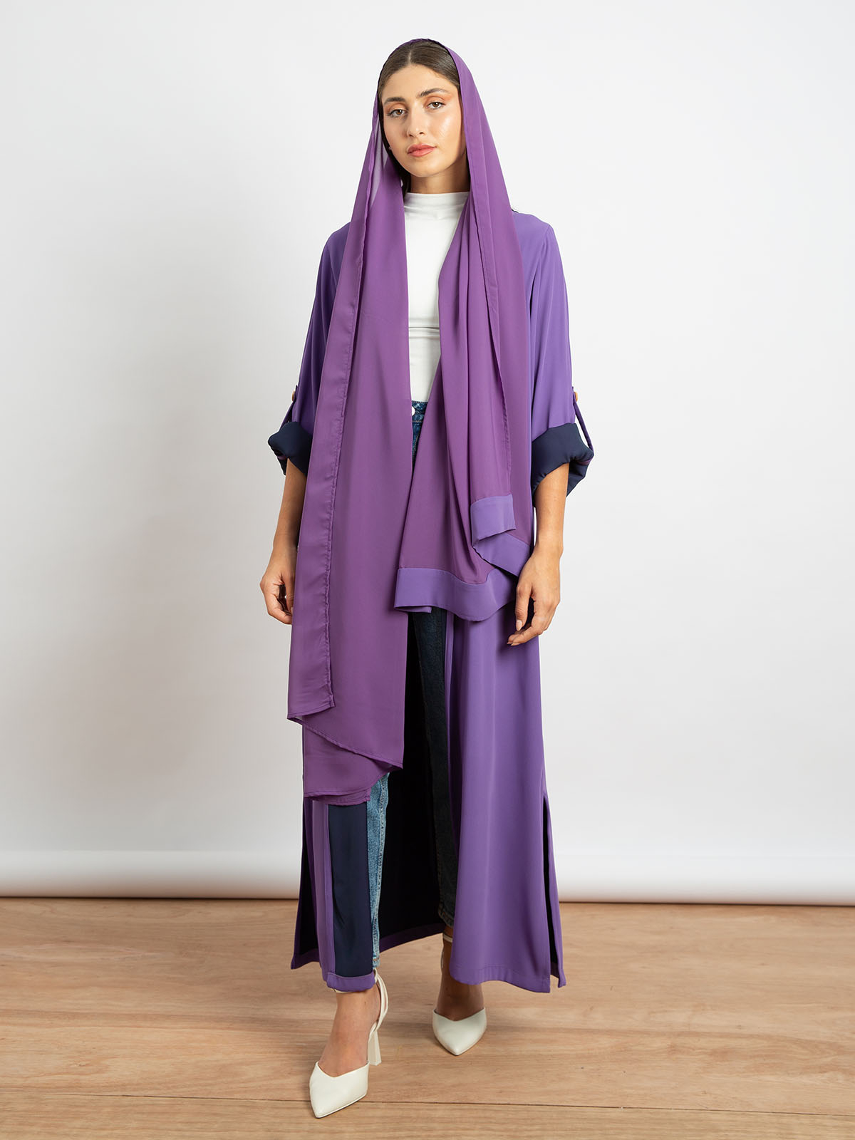 Purple with Navy - Crepe Casual Regular-fit Long Open Abaya with Yoke 