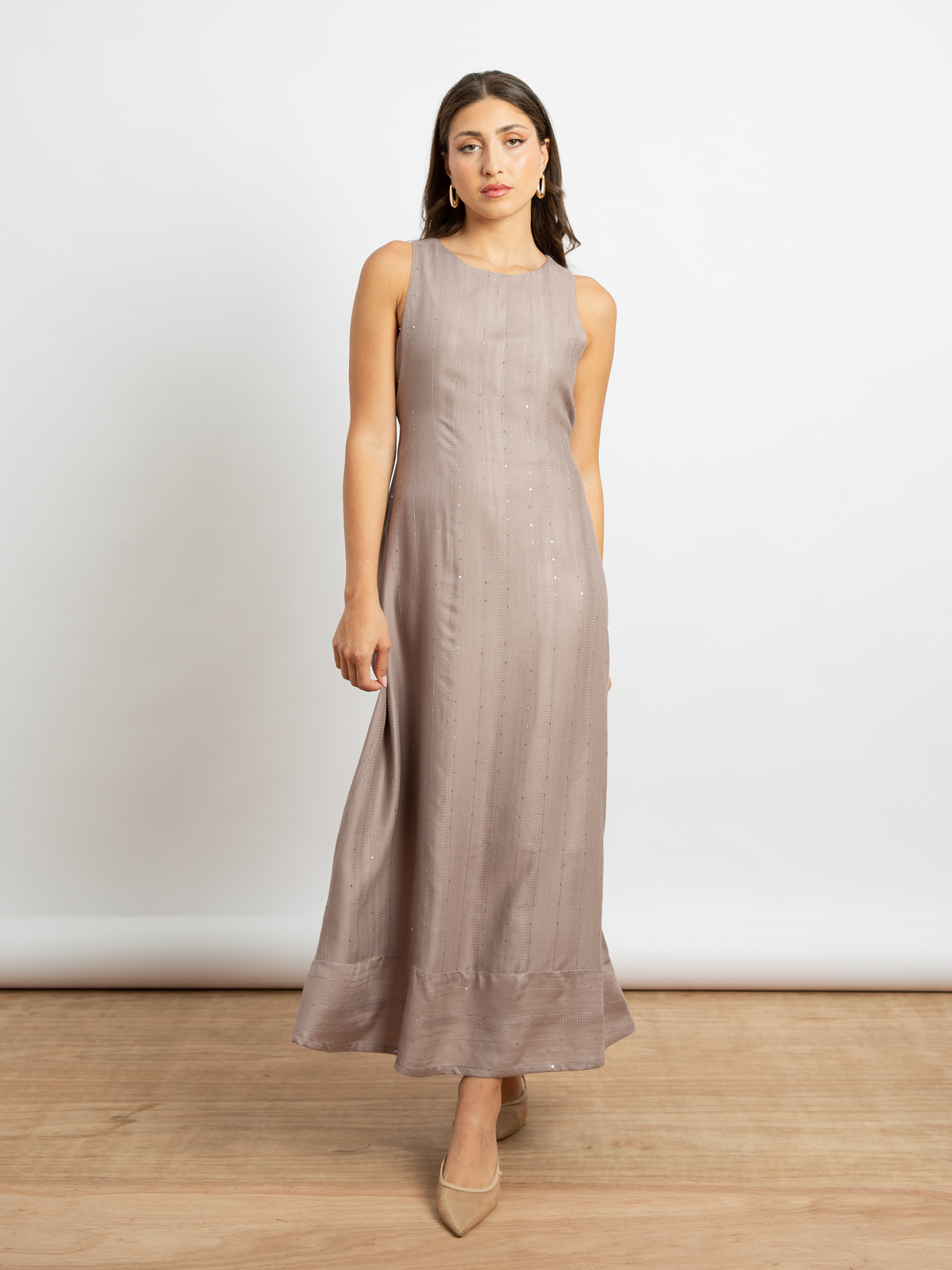 Rosewood Sequin Stripes - Sleeveless Long Dress with Belt