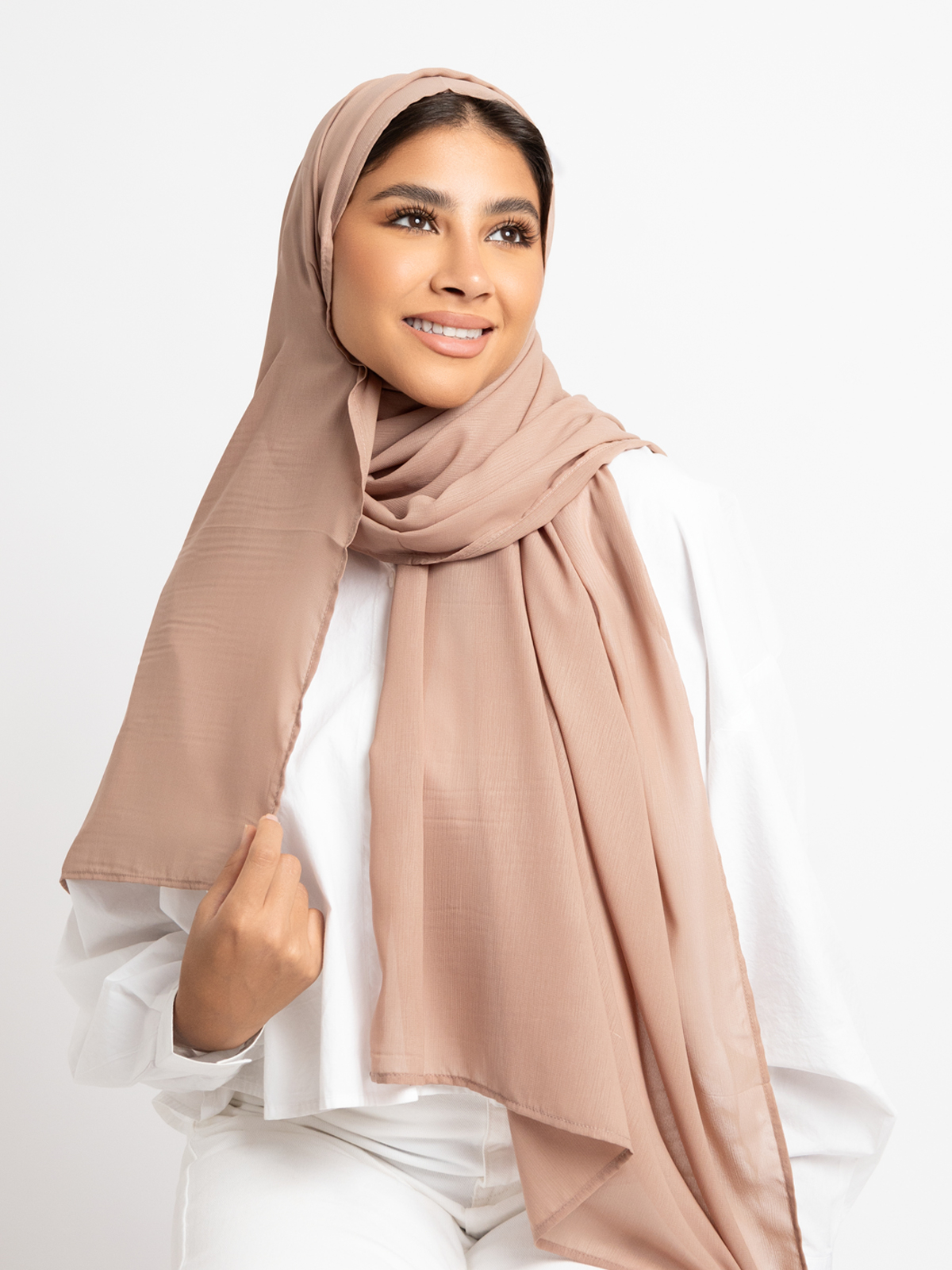Luxurious chiffon hijab plain tarha 200 cm long beige color high quality material online in ksa by kaafmeem