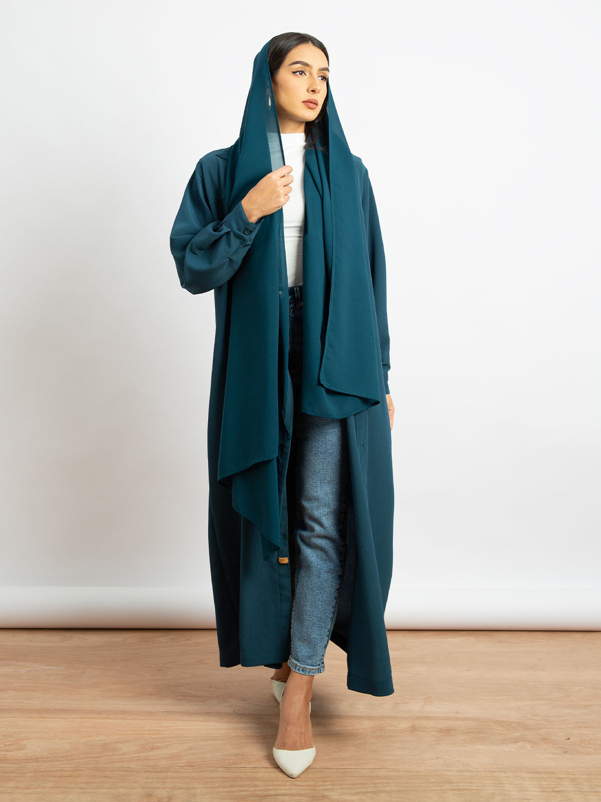 Kaafmeem women clothing regular fit teal color long shirt abaya in fancy yoryu fabric with hidden pockets