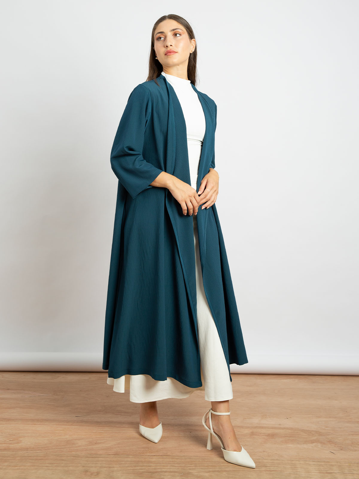 Kaafmeem women clothing regular fit plain teal blue color open midi abaya in fancy yoryu fabric