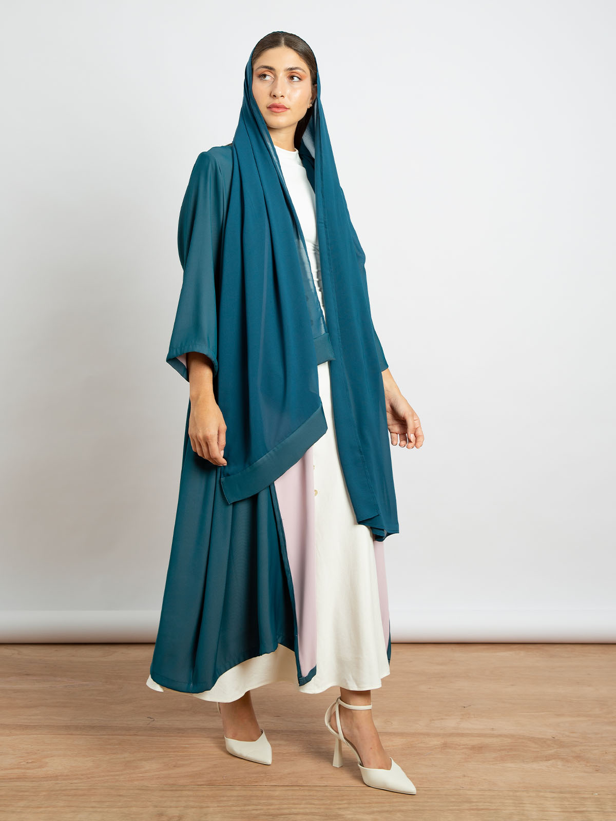 Kaafmeem women clothing regular fit plain teal blue color open midi abaya in crepe fabric