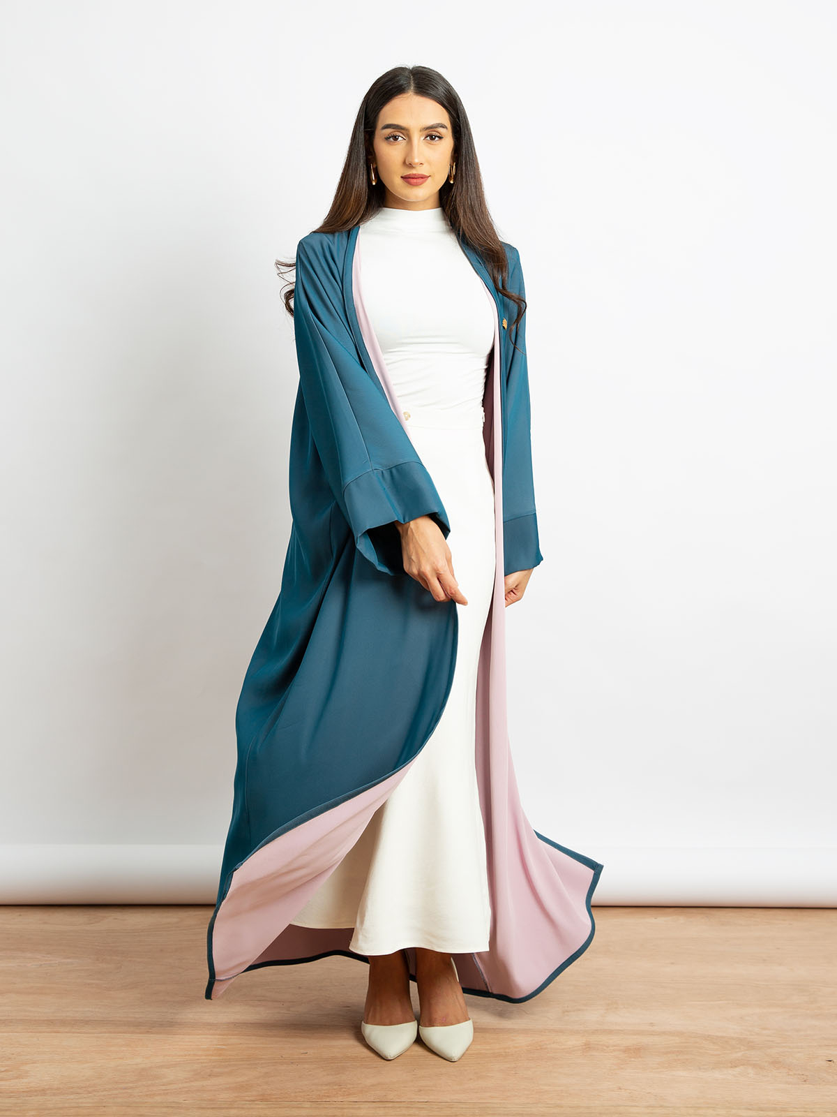 Teal with Pink - Crepe Wide-Fit Open Abaya