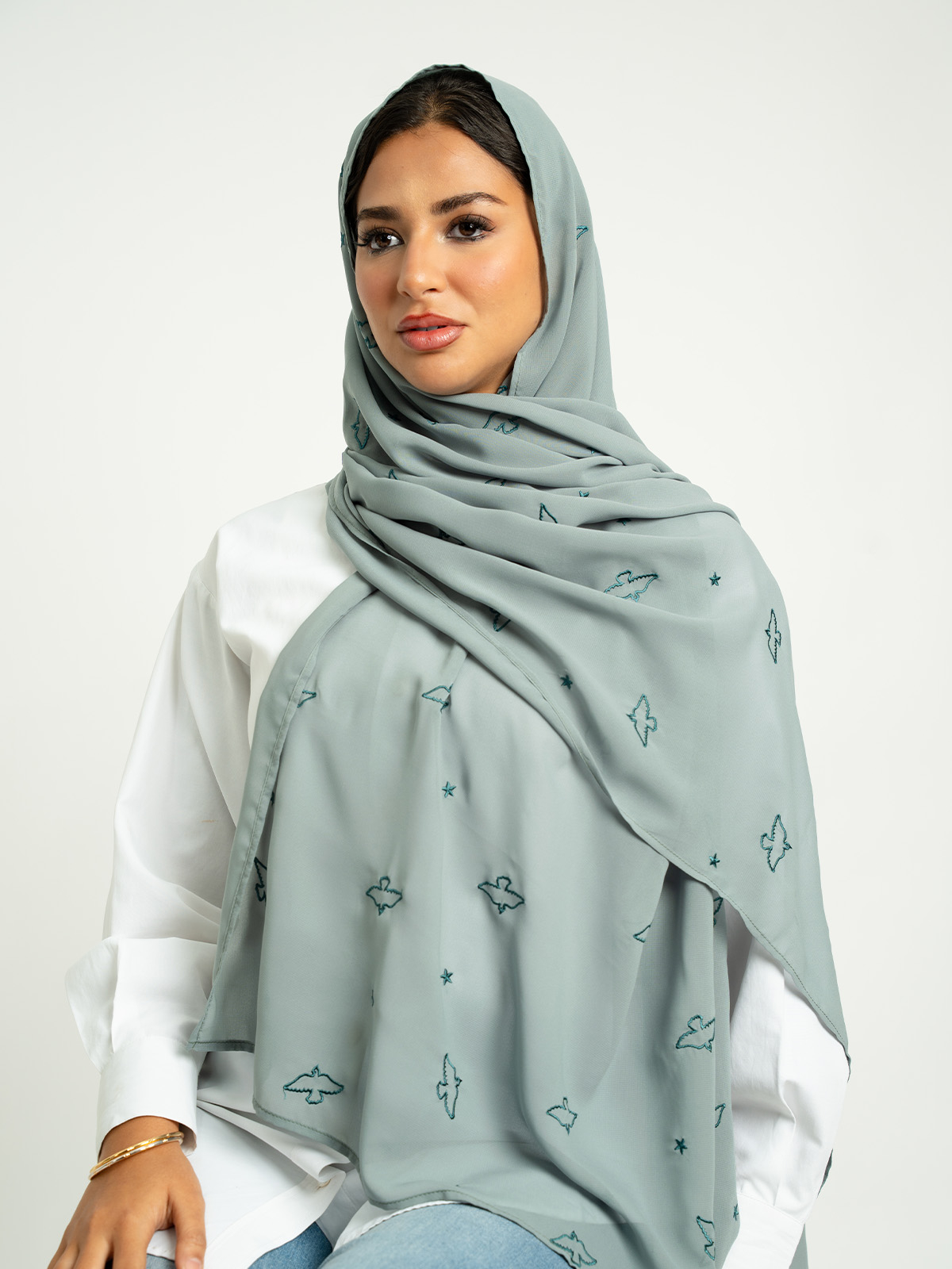 Outlet Light Green Peaceful Sky Embroidered Laser Tarha