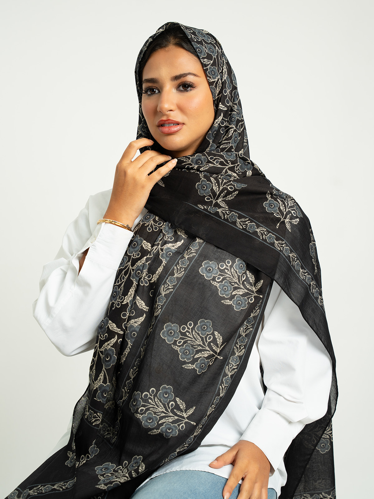 Charcoal Blossom Printed Tarha